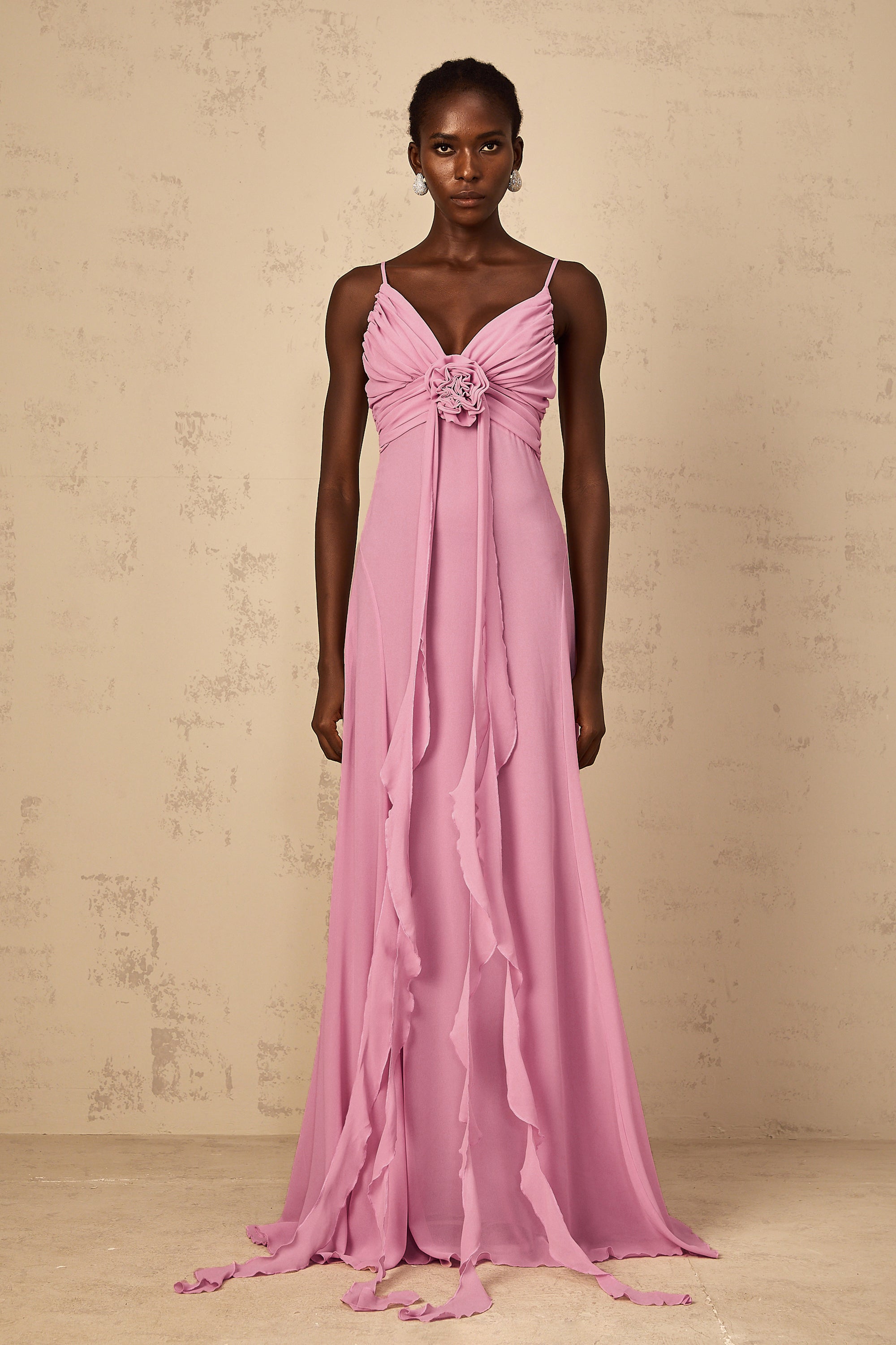 Ysandre Rose-Pink 3D Petal Tulle Maxi Dress