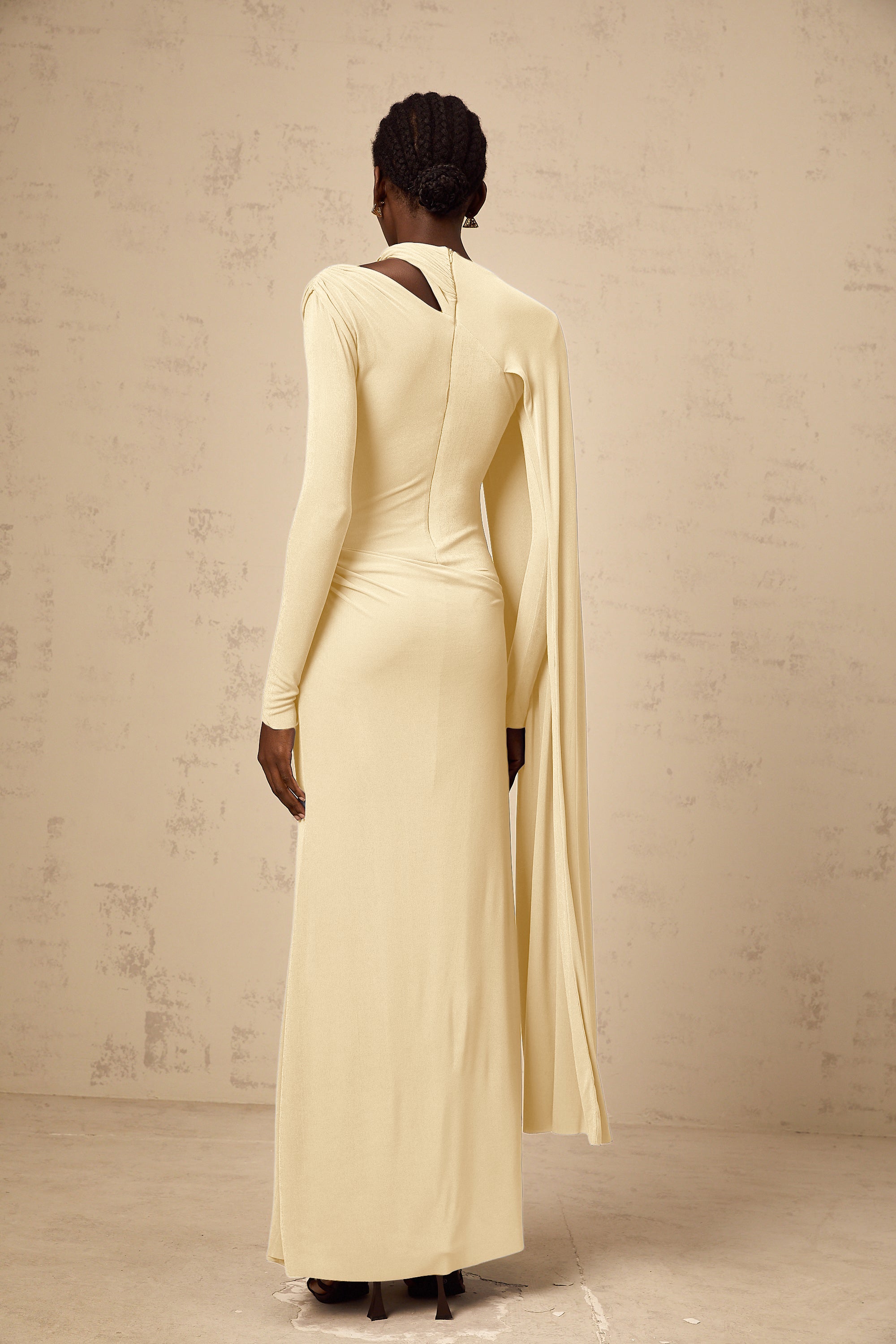 Josette Yellow Diagonal Shawl Fitted Maxi Dress
