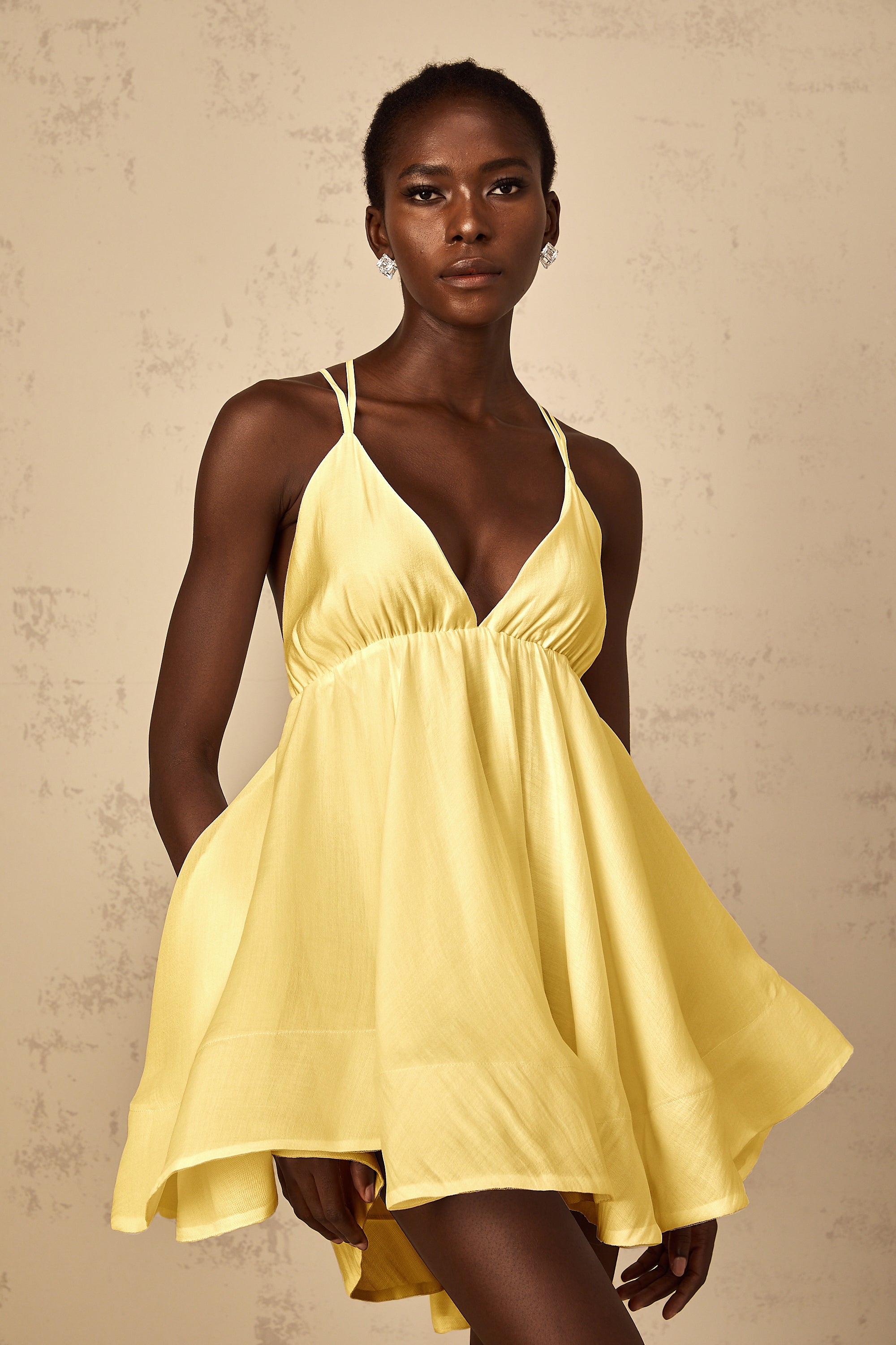 Quincie Yellow Shirred Flounced Mini Dress (Final Sale)