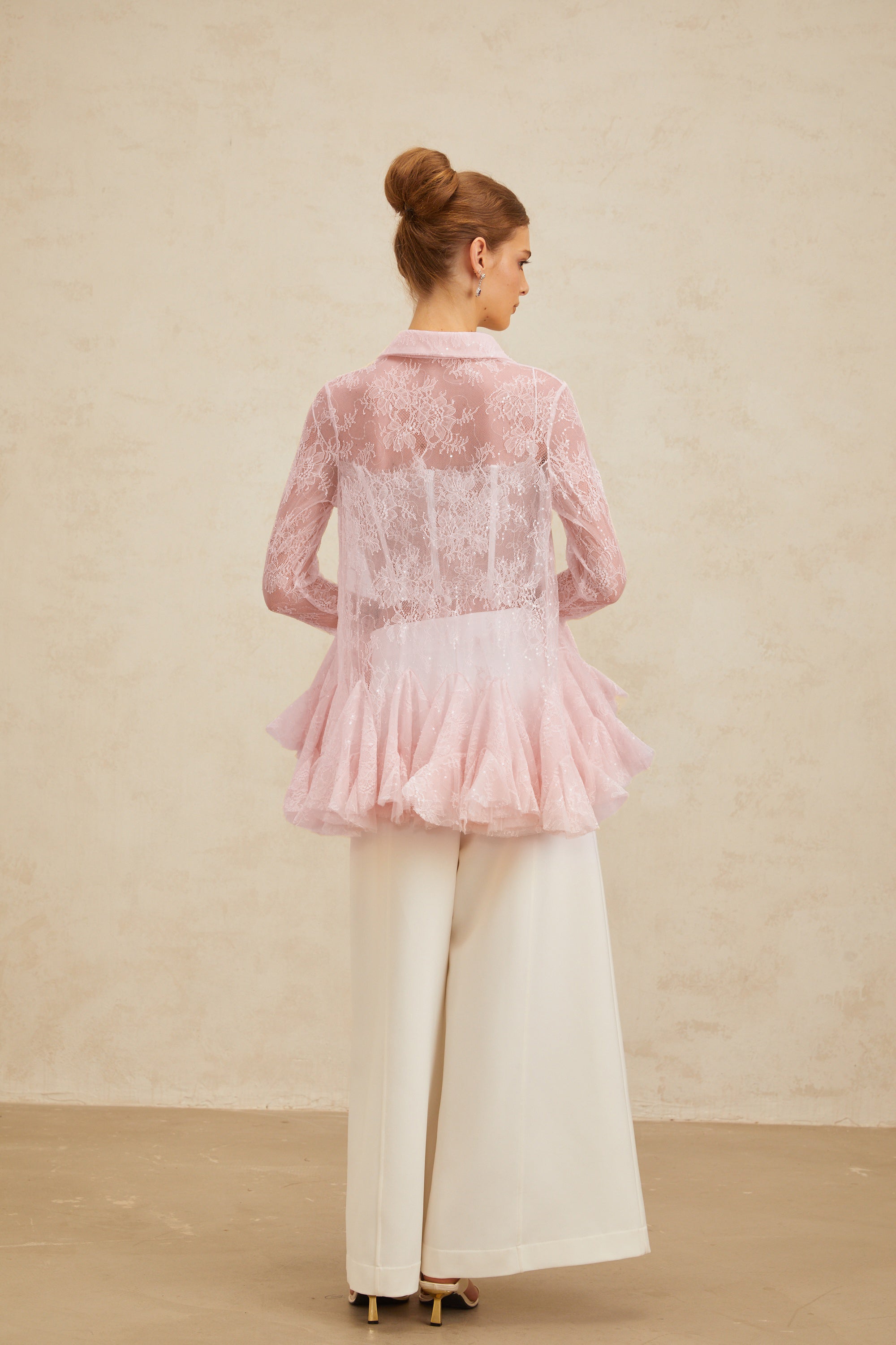 Ingrid Pink Peplum Floral Lace Blouse