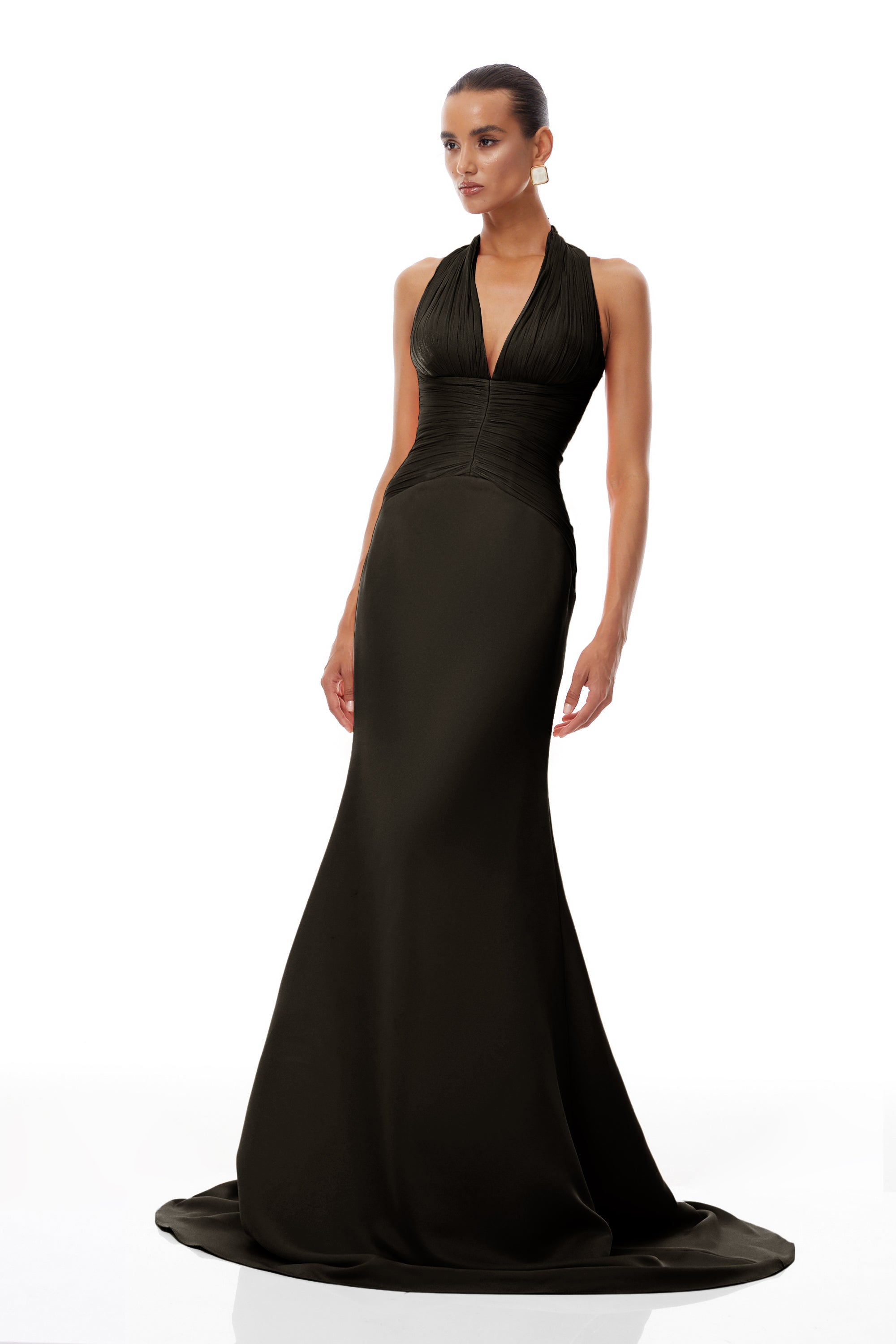 Emmeline Black Train Design Gathered Maxi Dress