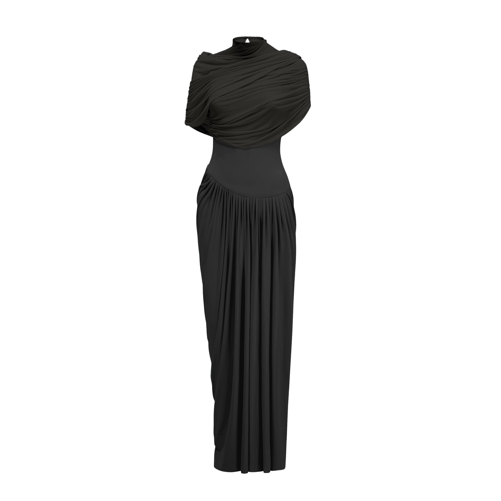 Catherine asymmetric pleated maxi dress in Black