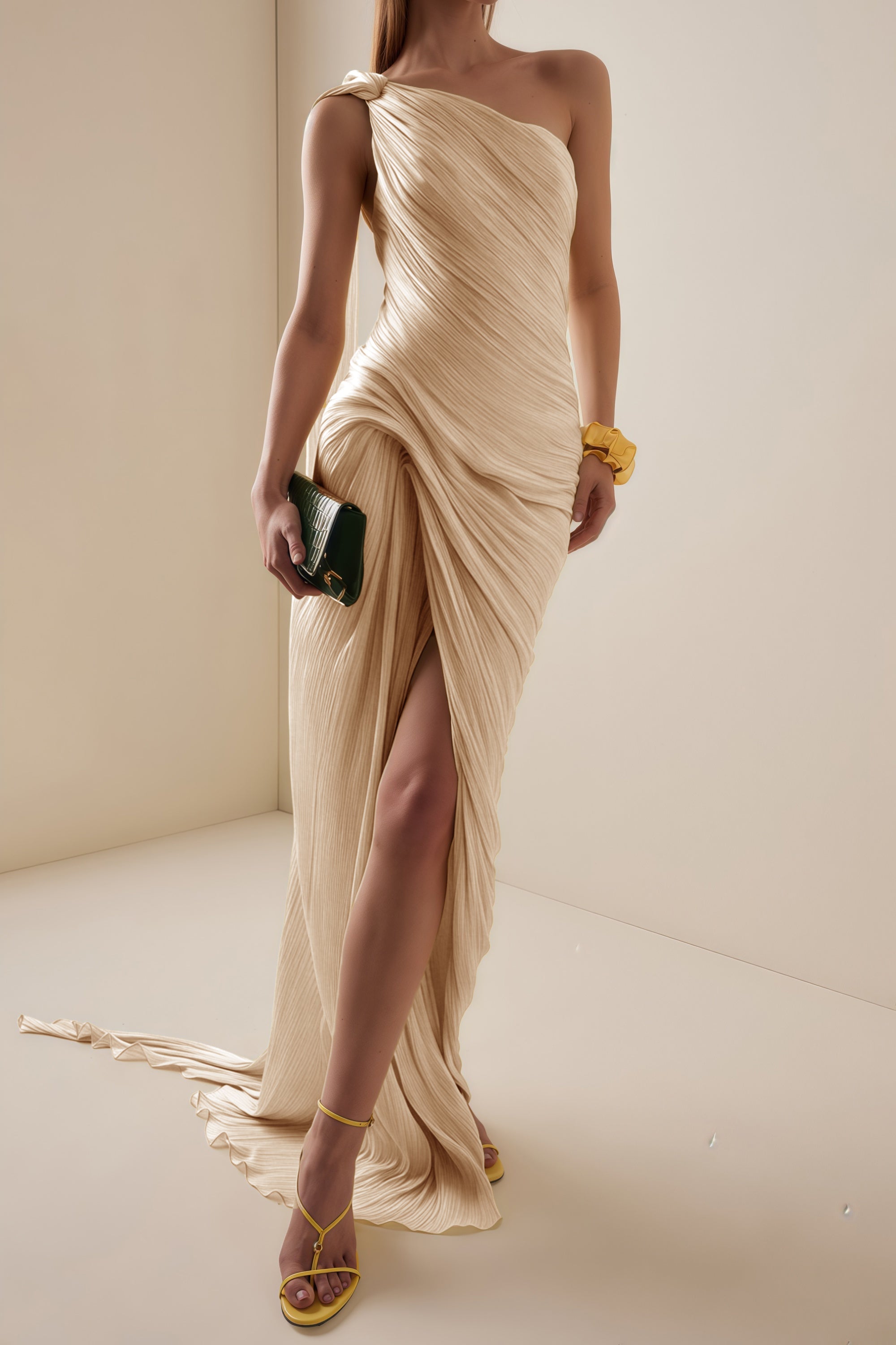 Meissa Neutral Asymmetrical Ruched Maxi Dress