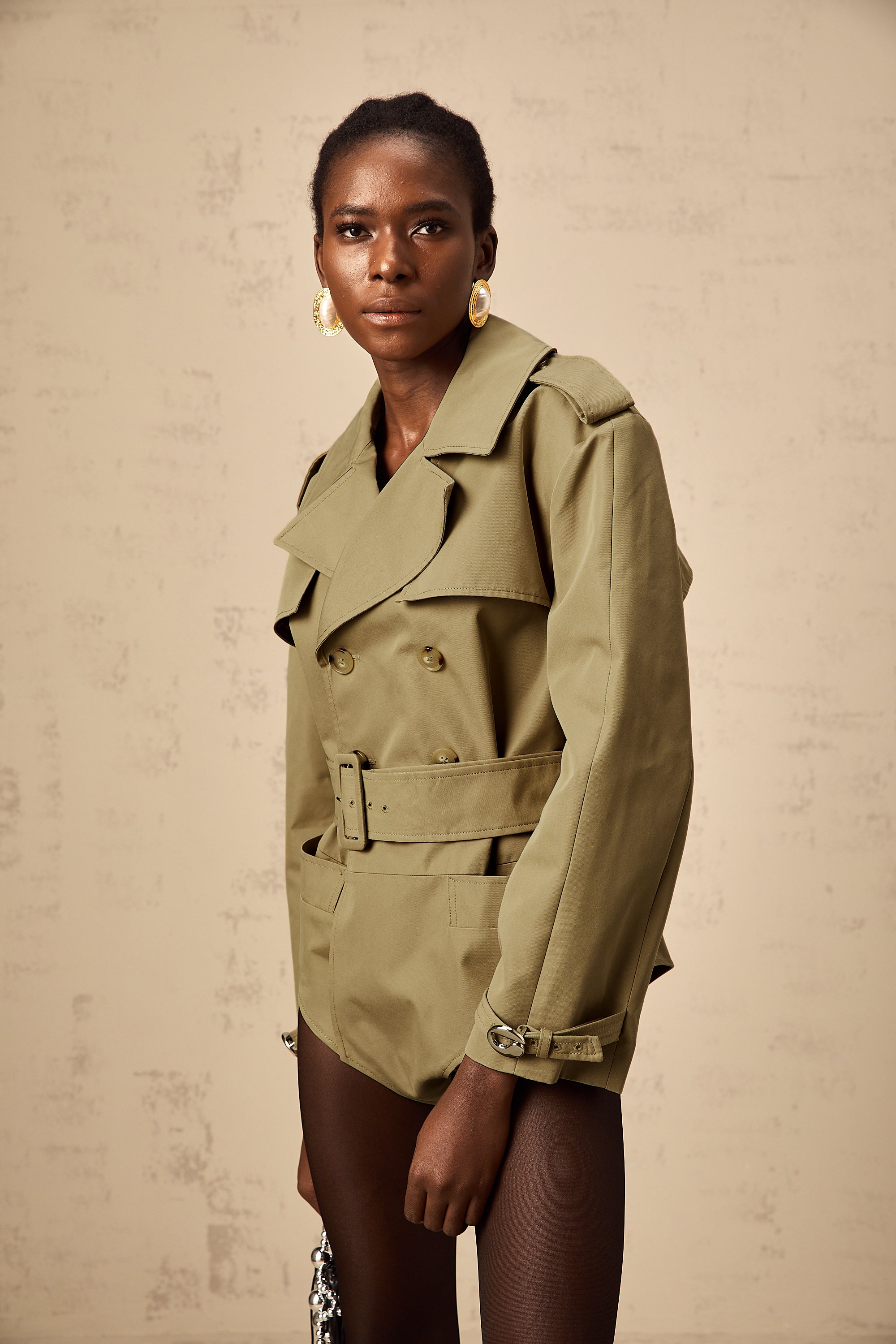 Chloe khaki double-breast belted bodysuit