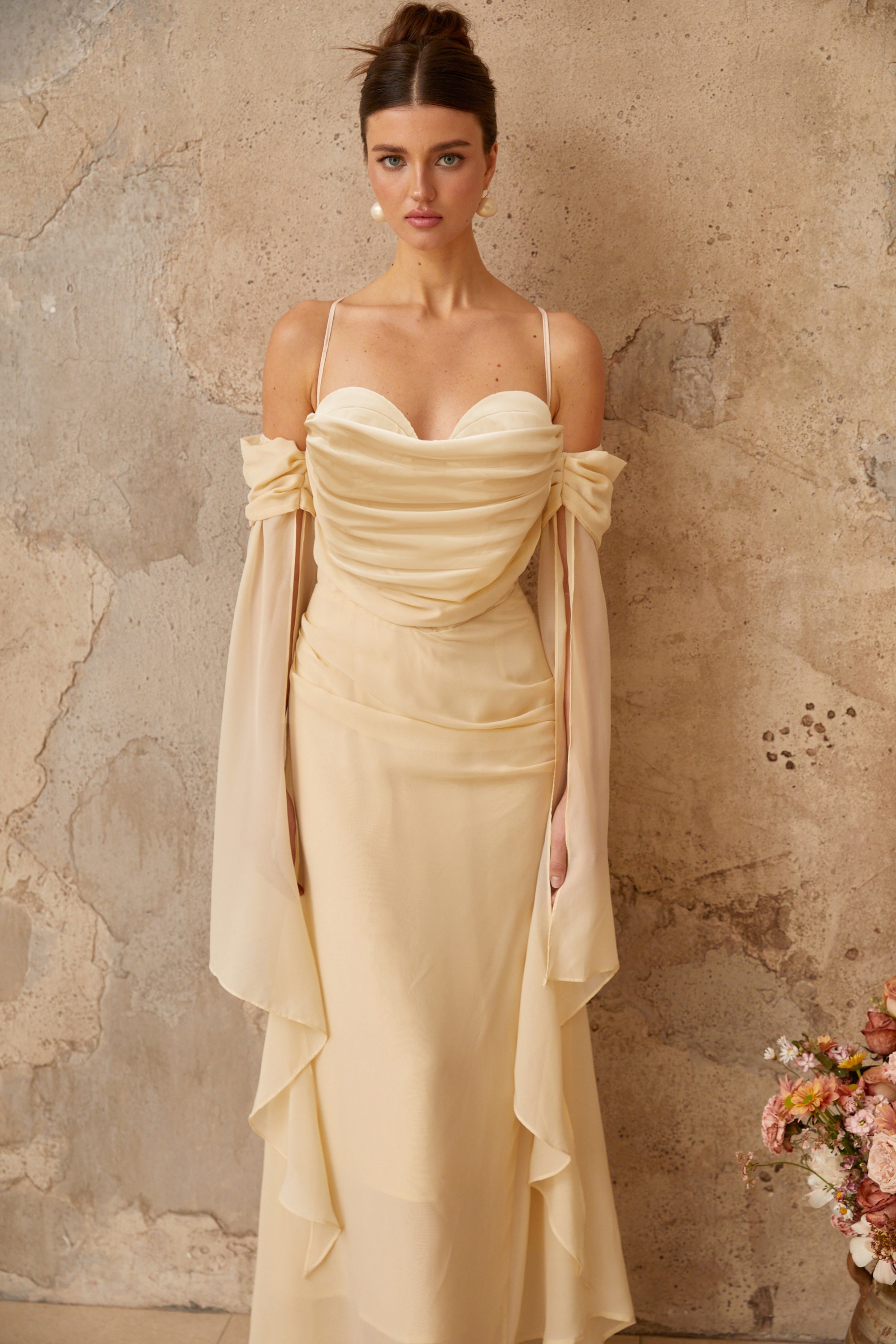 Mélusine Neutral Ruched Chiffon Maxi Dress