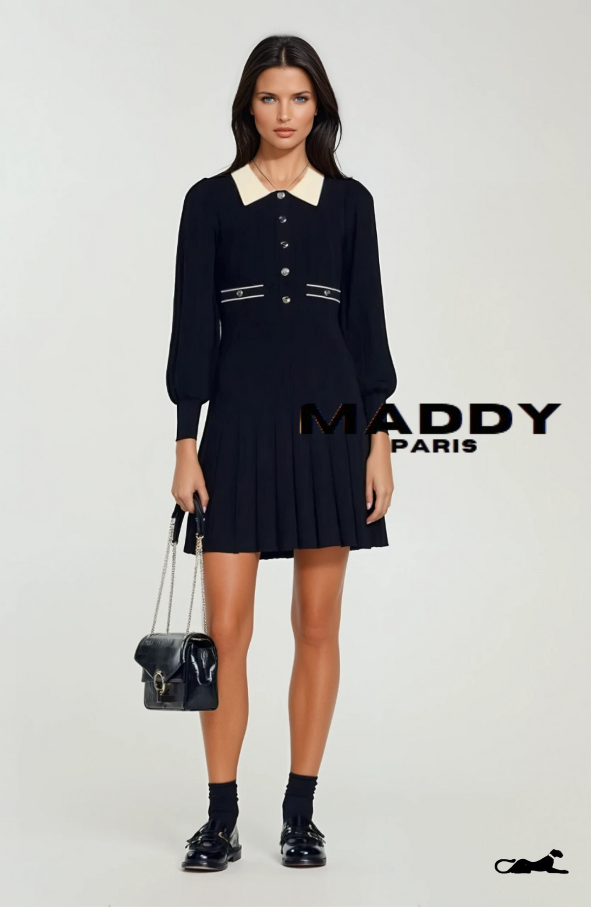 Pointed Collar Mini Dress Mサイズ ISABELLE CREPE MINI DRESS - BLACK & WHITE