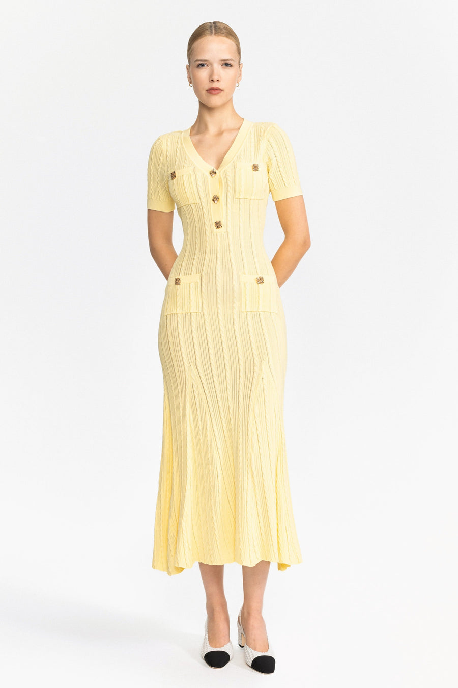 Cable Knit Jewel-Button Midi Dress - Yellow