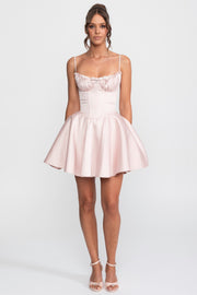 Ruffled Sweetheart Fit-and-Flare Dress With Lace Trim - Pink