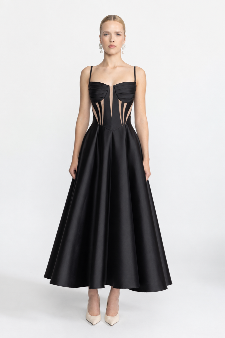Josephine Black Sheer Panel Satin Corset Midi Dress