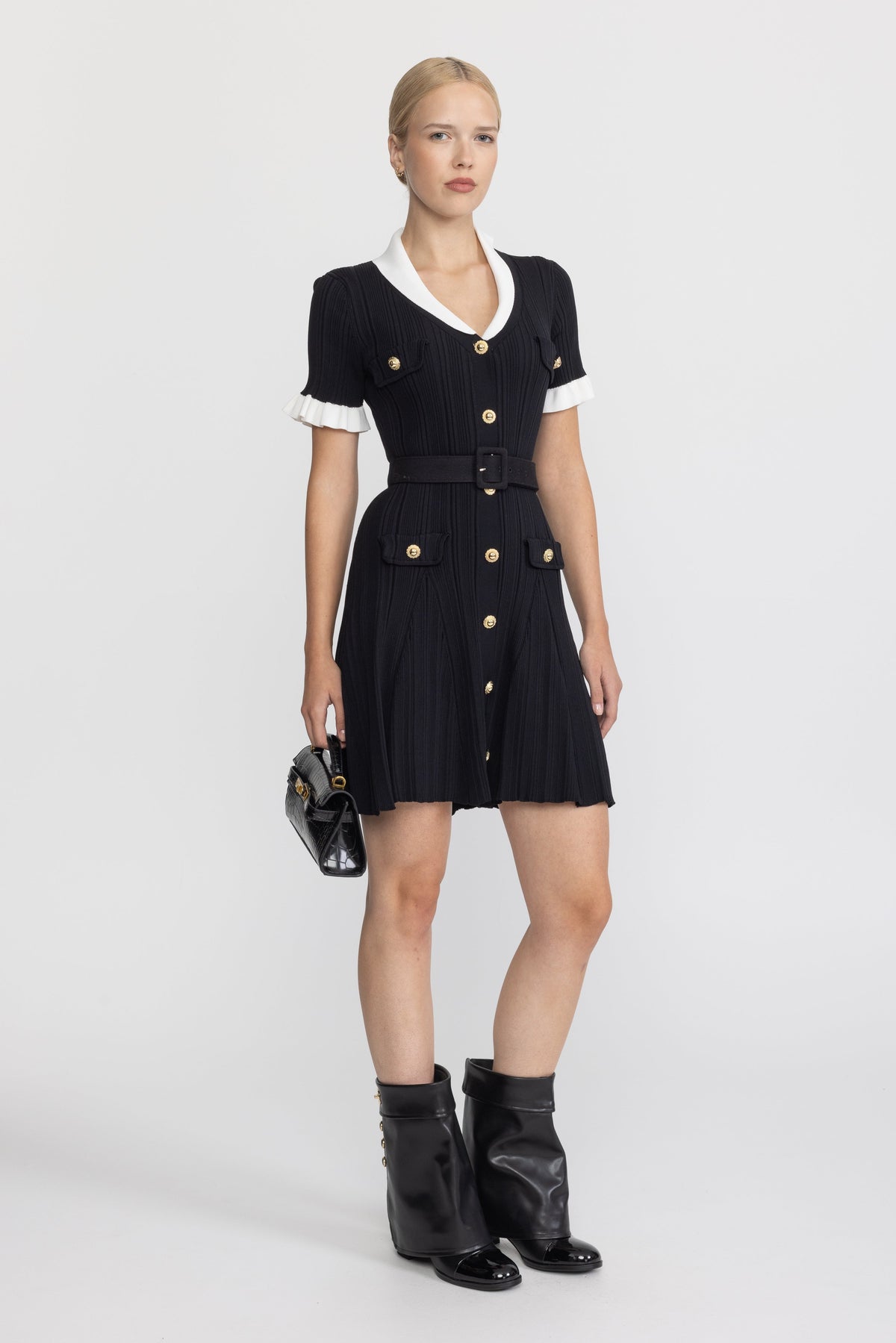Ribbed Knit Contrast Collar Belted Mini Dress - Black