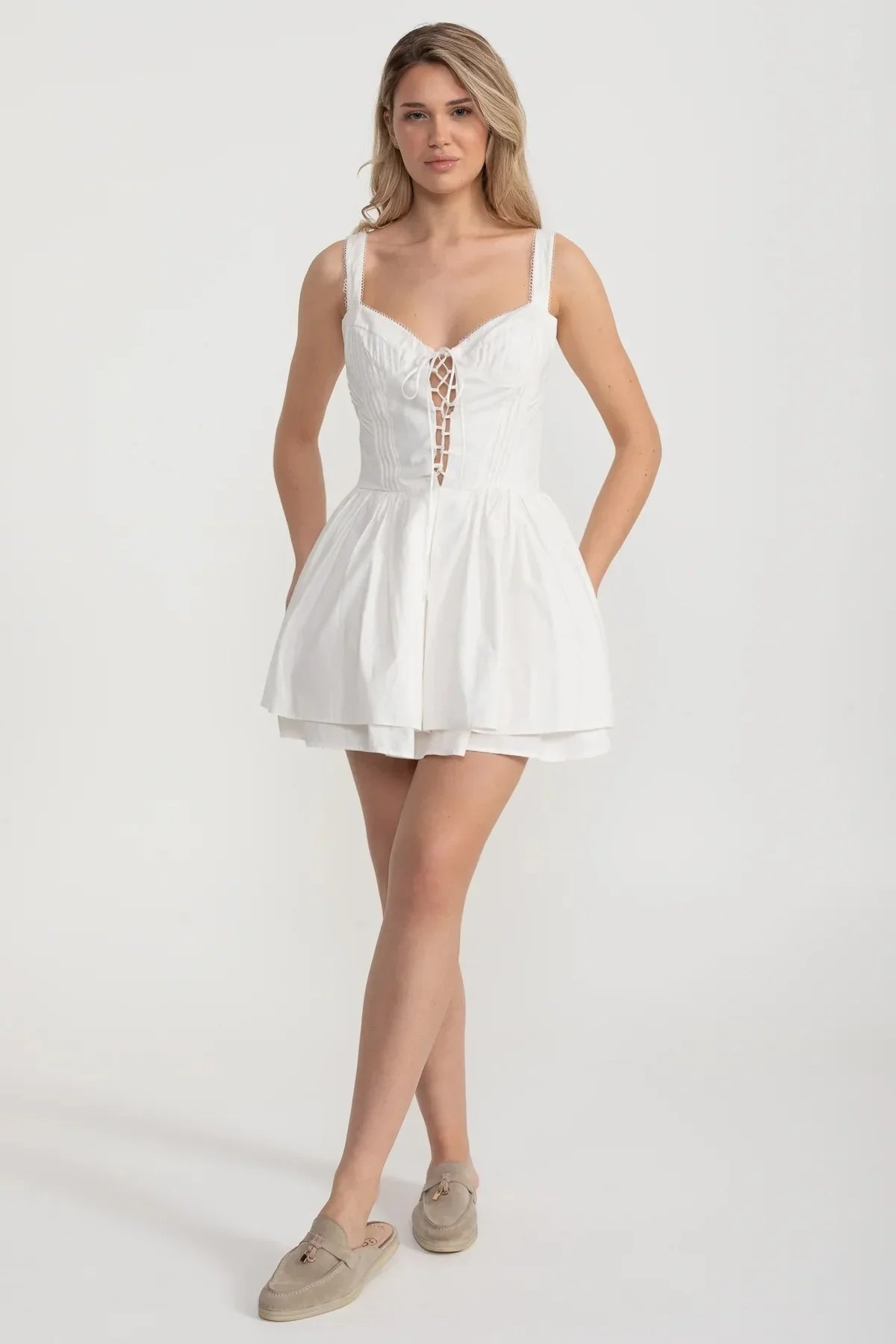 Corset Style Sleeveless Dress With Lace-Up Front Detailing - White