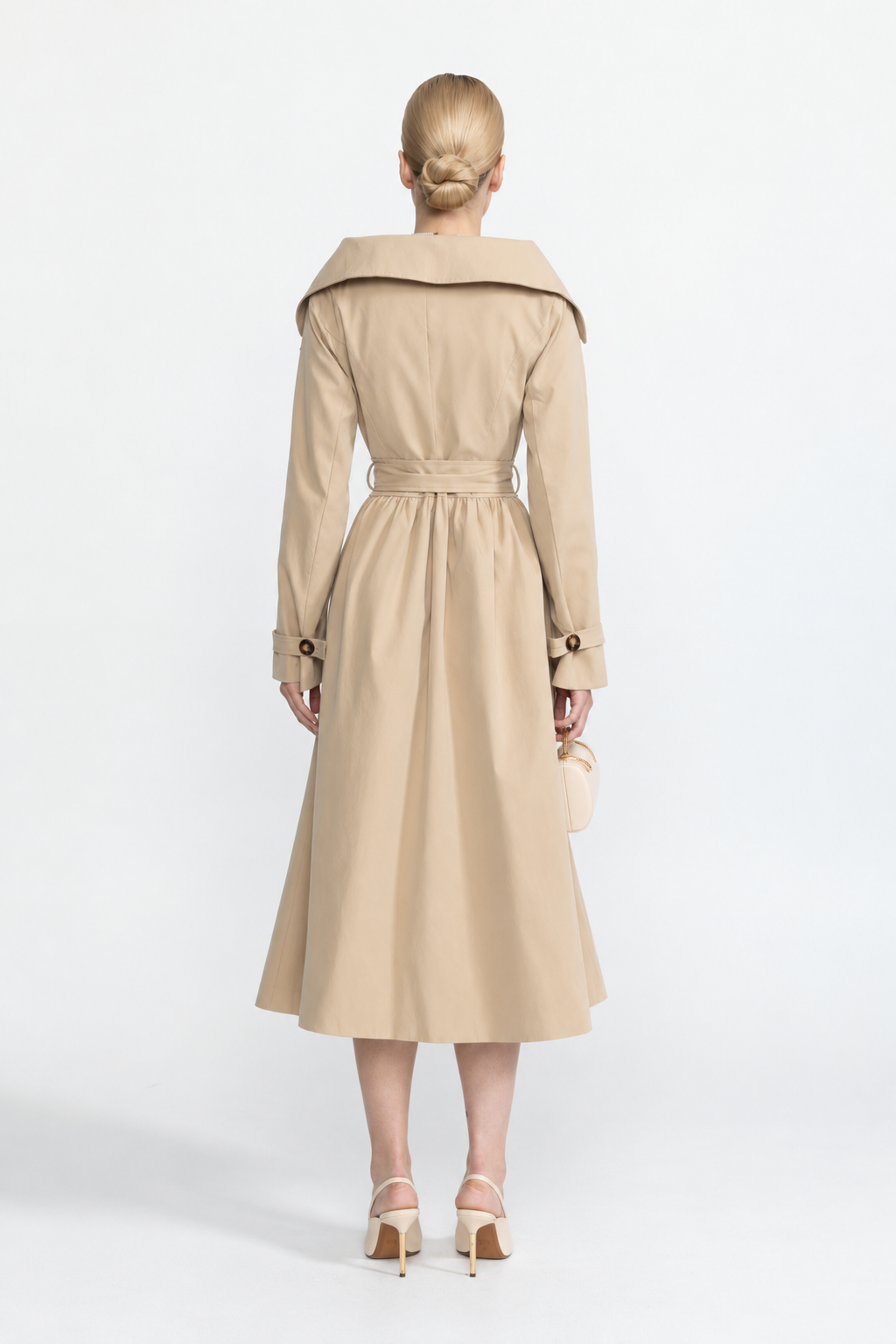 Ariane Beige Off-Shoulder Collar Belted Trench Dress
