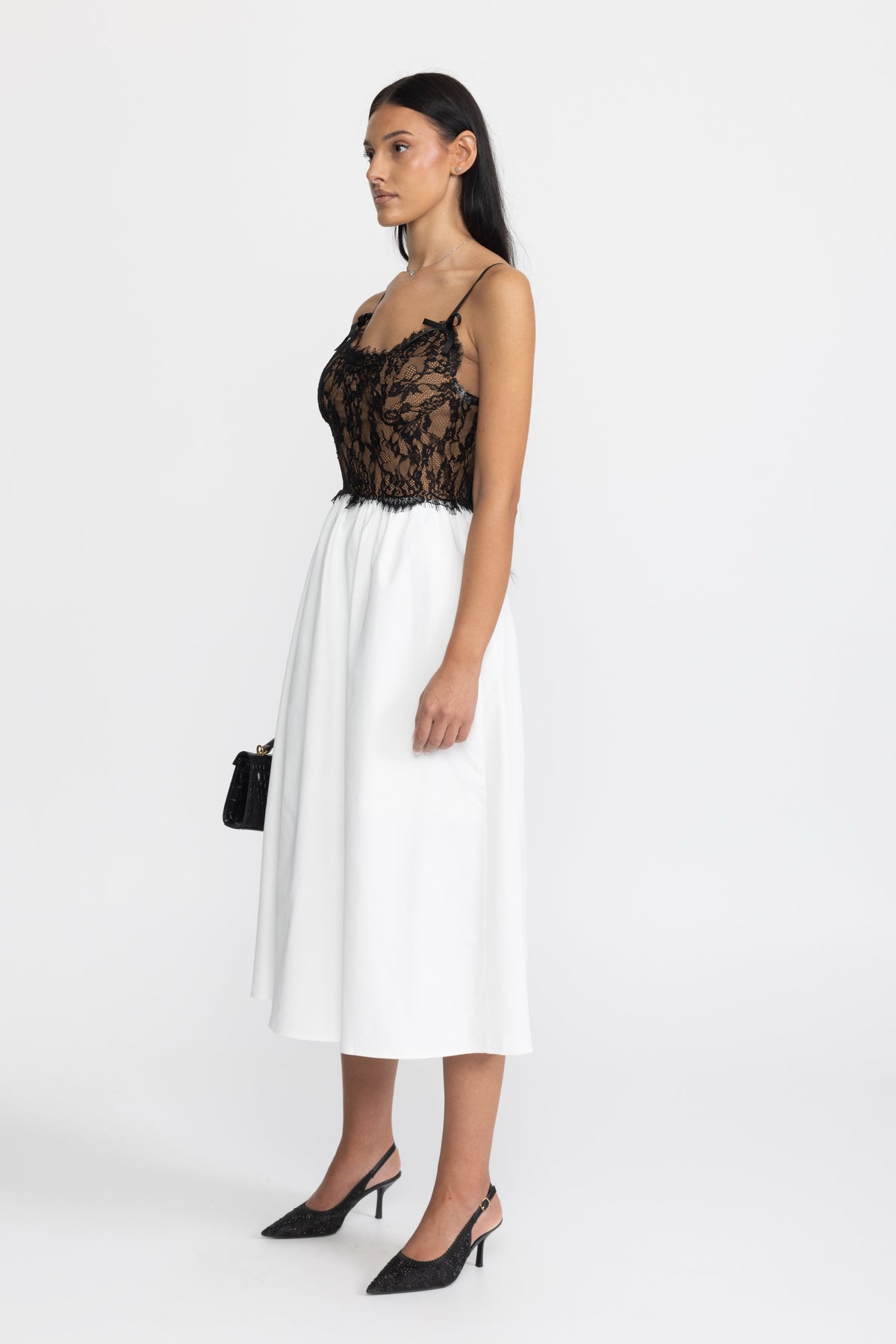 Lace Bustier Poplin Midi Dress - Black & White