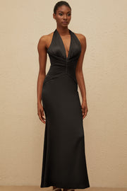Colette Black Halterneck Ruched Satin Gown