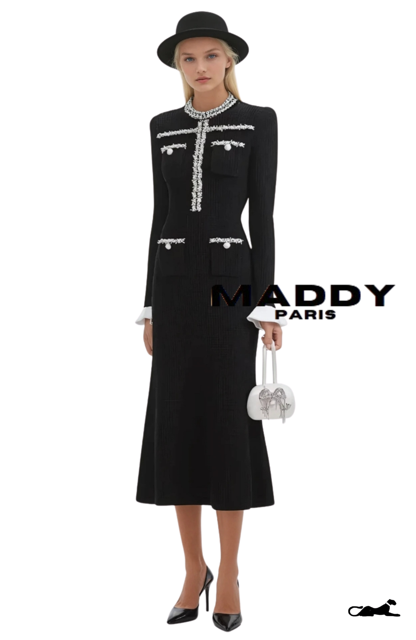 GISELLE EMBELLISHED TWEED MAXI DRESS - BLACK & WHITE