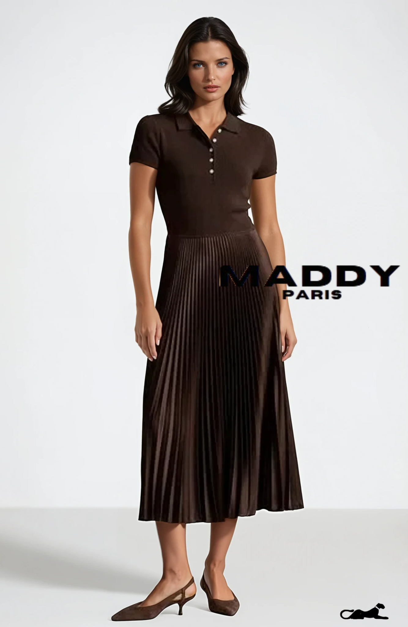 SANDRO VICTOIRE SILK-WOOL PLEATED KNIT MIDI DRESS – CHOCOLATE BROWN