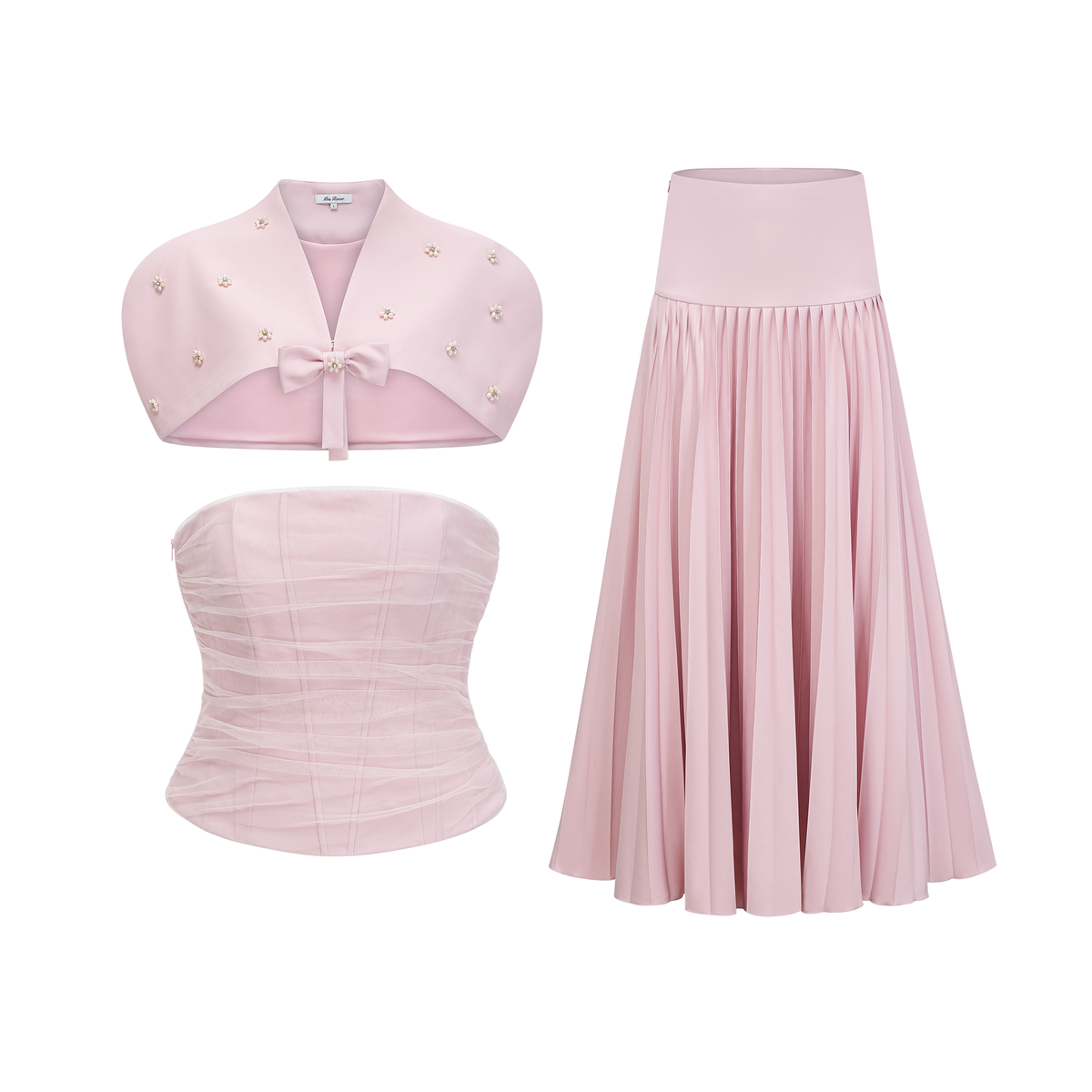 priscille pink shawl & corset top & pleated skirt set
