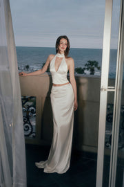 Querubina Ivory Plunge Neck Satin Top & Skirt Set