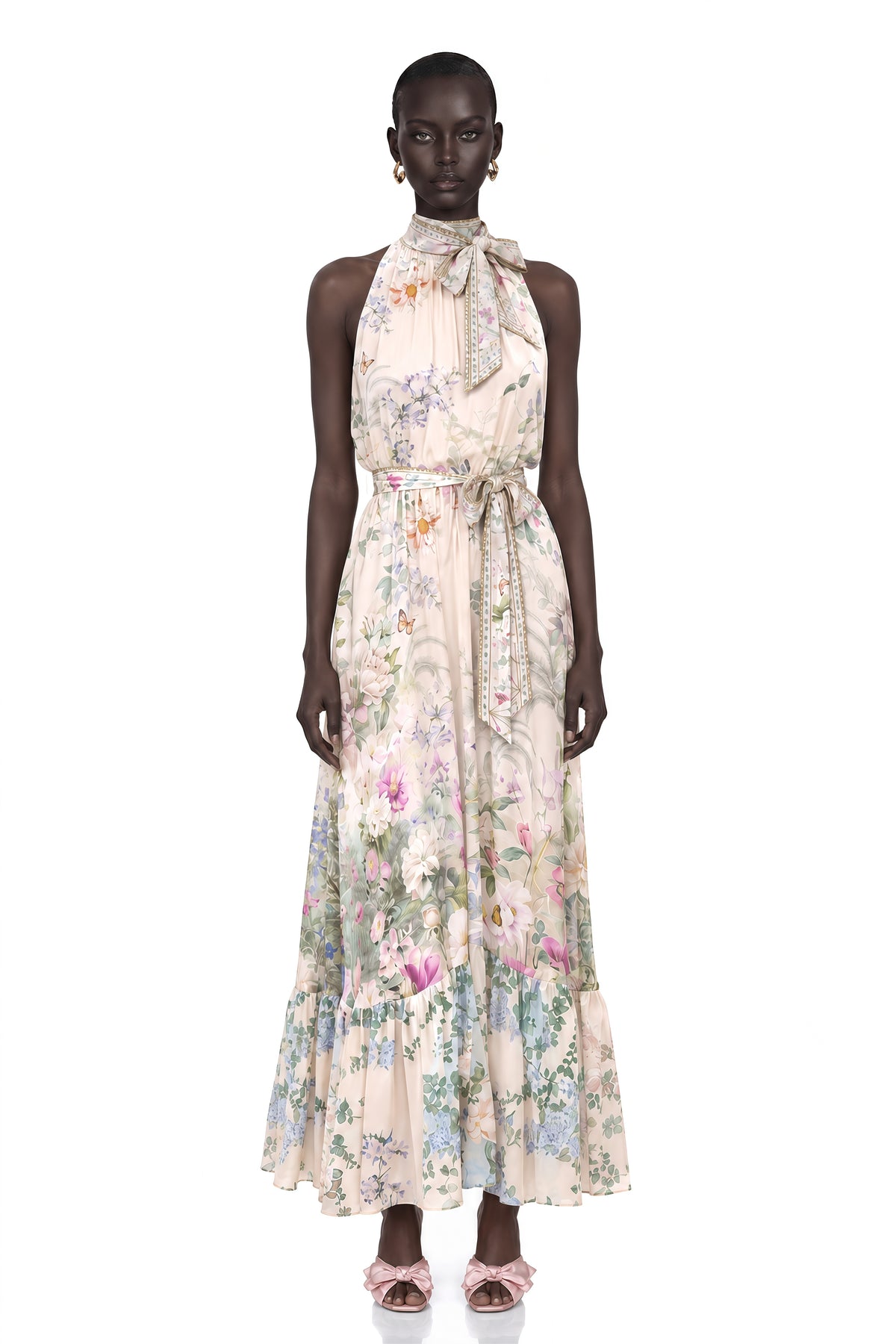 madeleine neutral floral print satin maxi dress