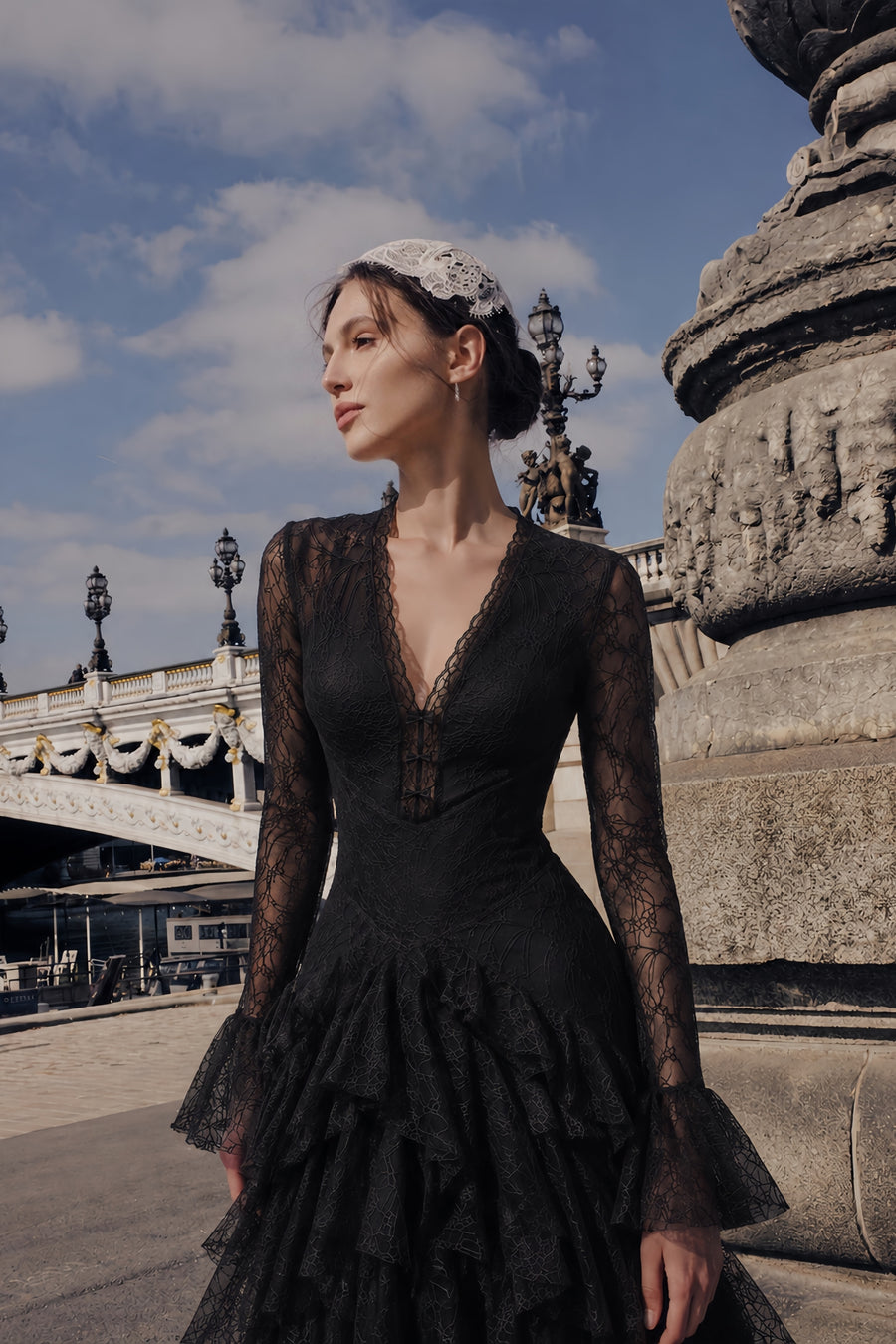 humayma black lace tiered midi dress