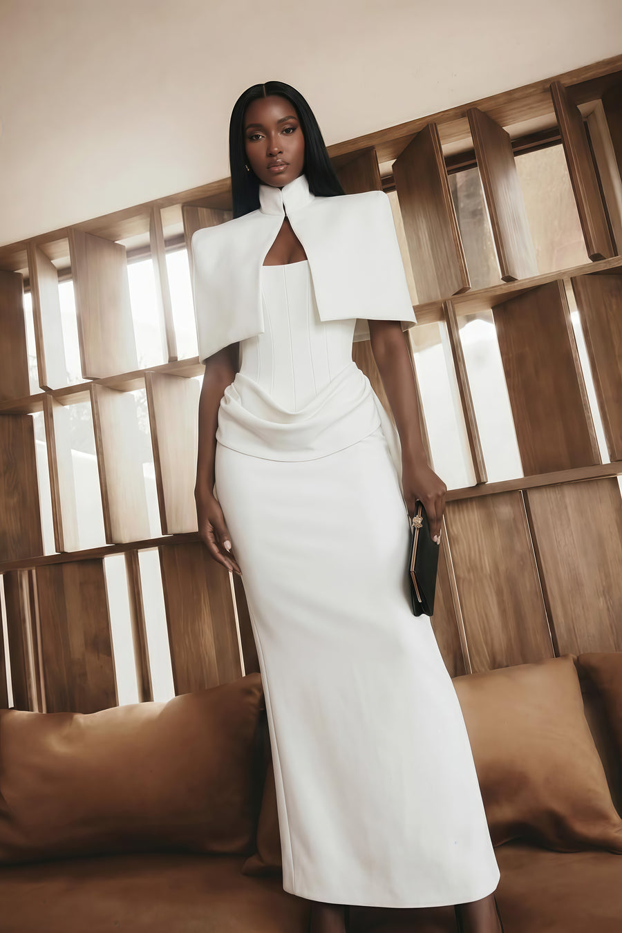felice white structured cape & corset dress set