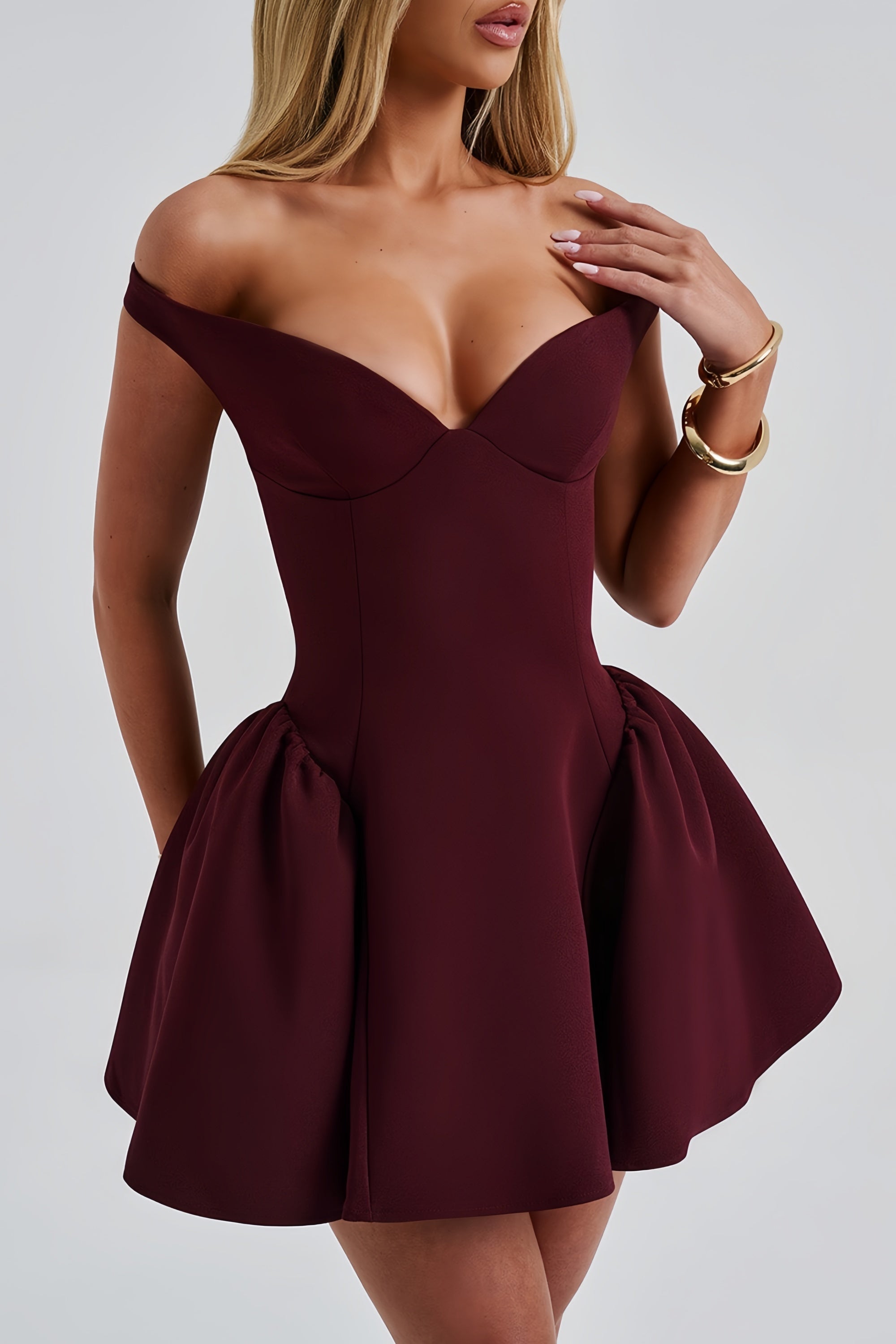 Ifig Burgundy V-neck Corset Mini Dress
