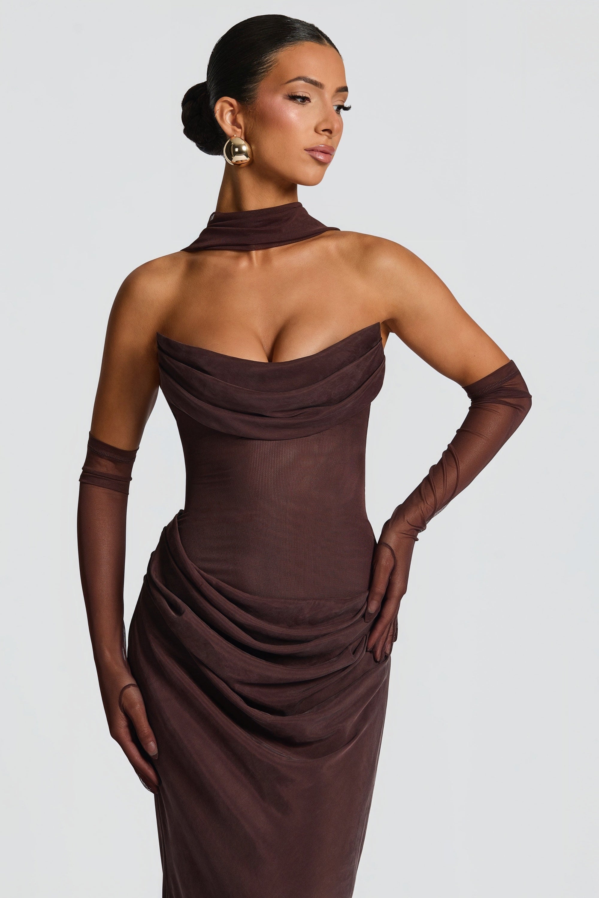 Vedette Brown Ruched Corset Maxi Dress