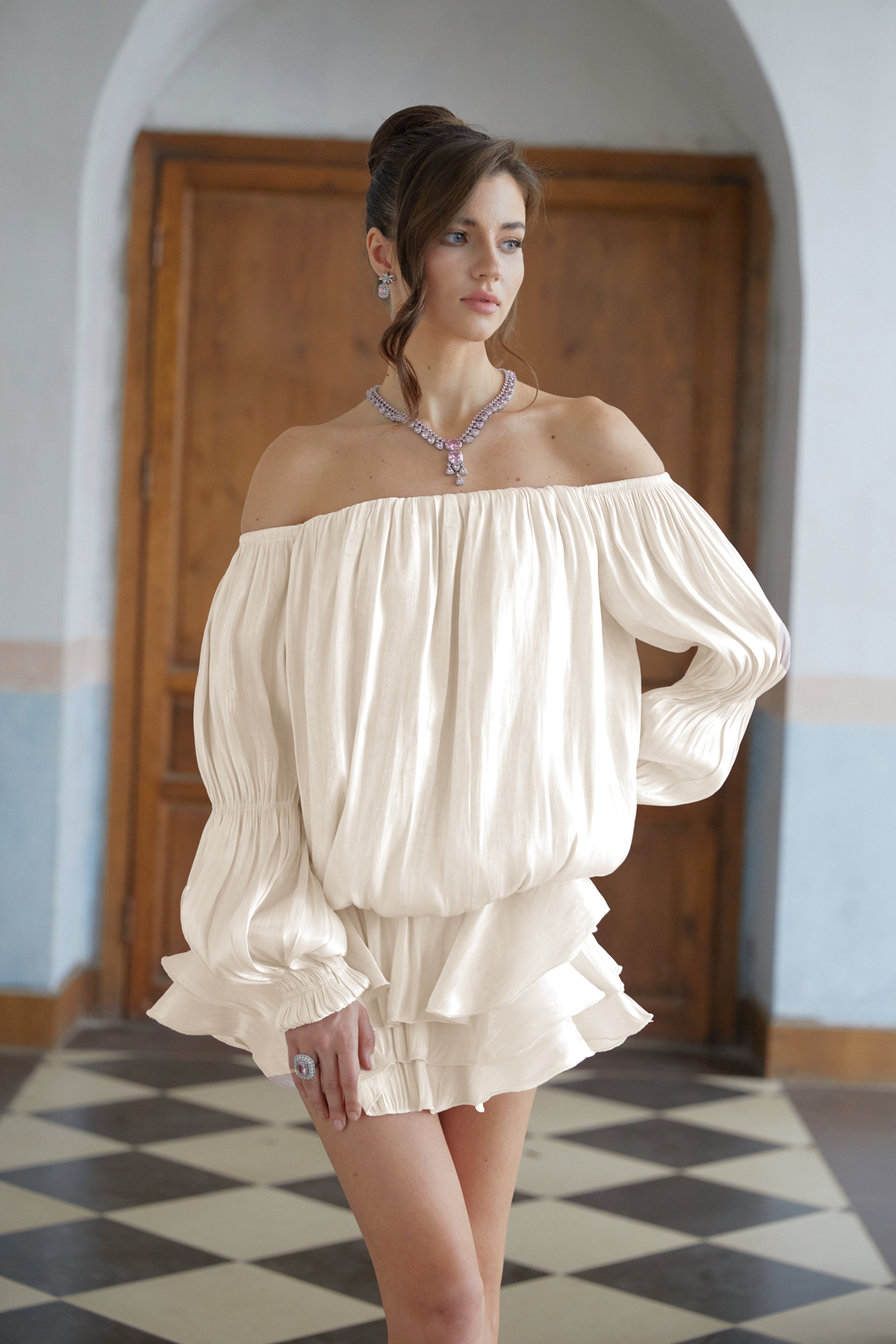 Zofia White Glossy Pleated Tiered Mini Dress