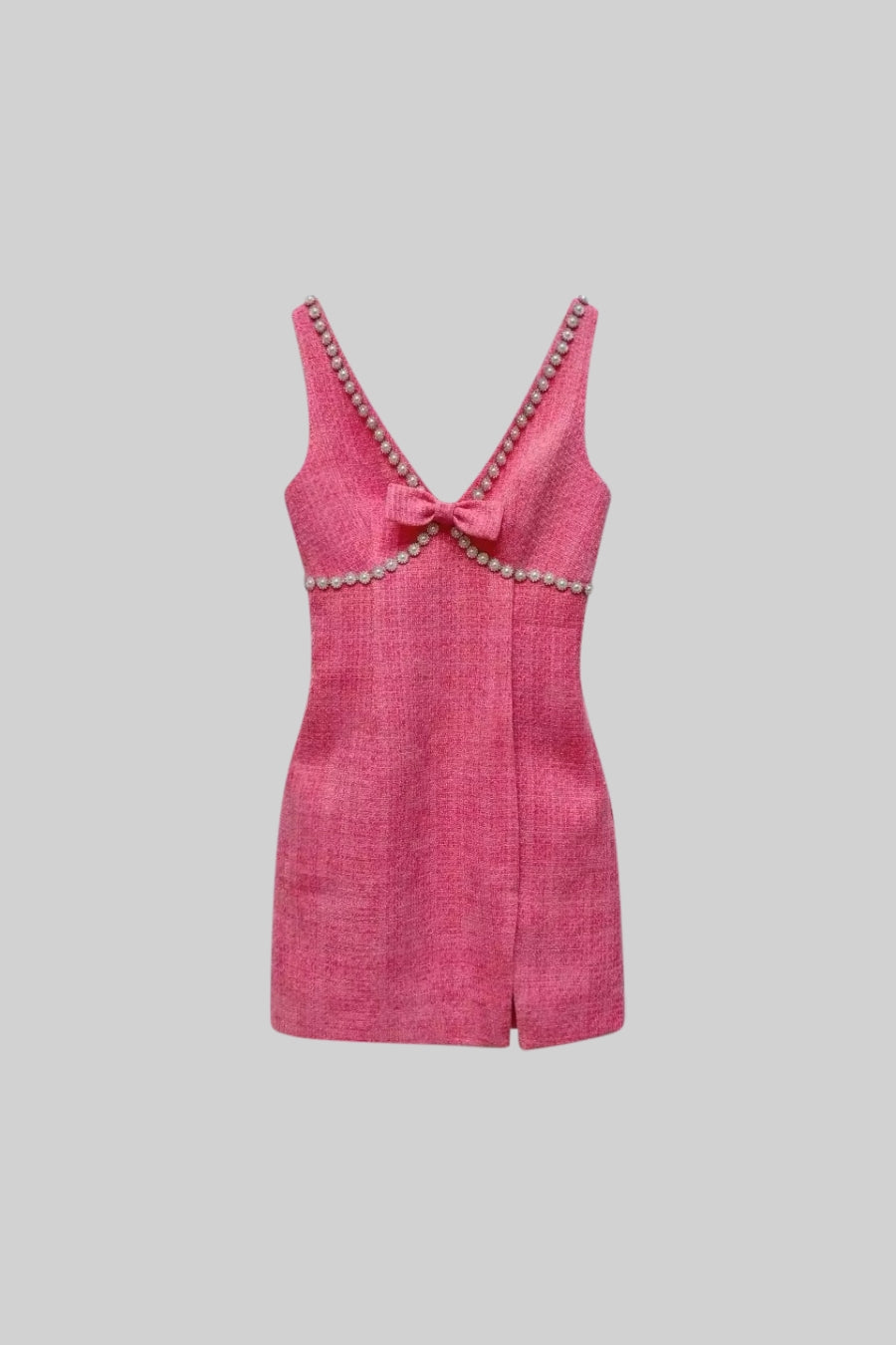 Pearl Embellished Sleeveless Mini Dress with Bow - Pink