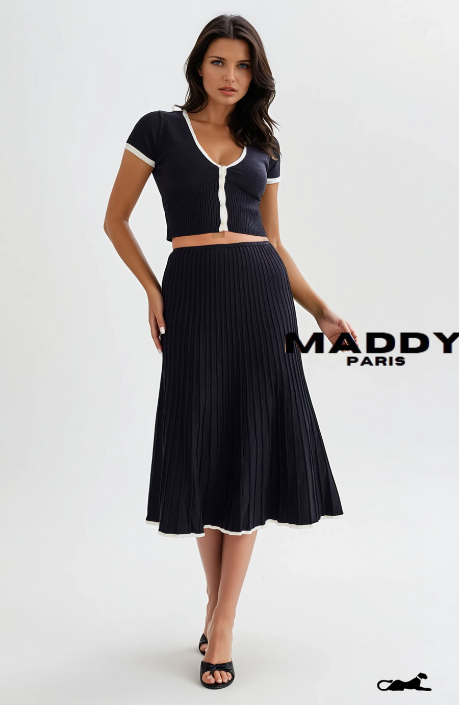 JOLENE RIBBED KNIT MIDI SKIRT SET - BLACK