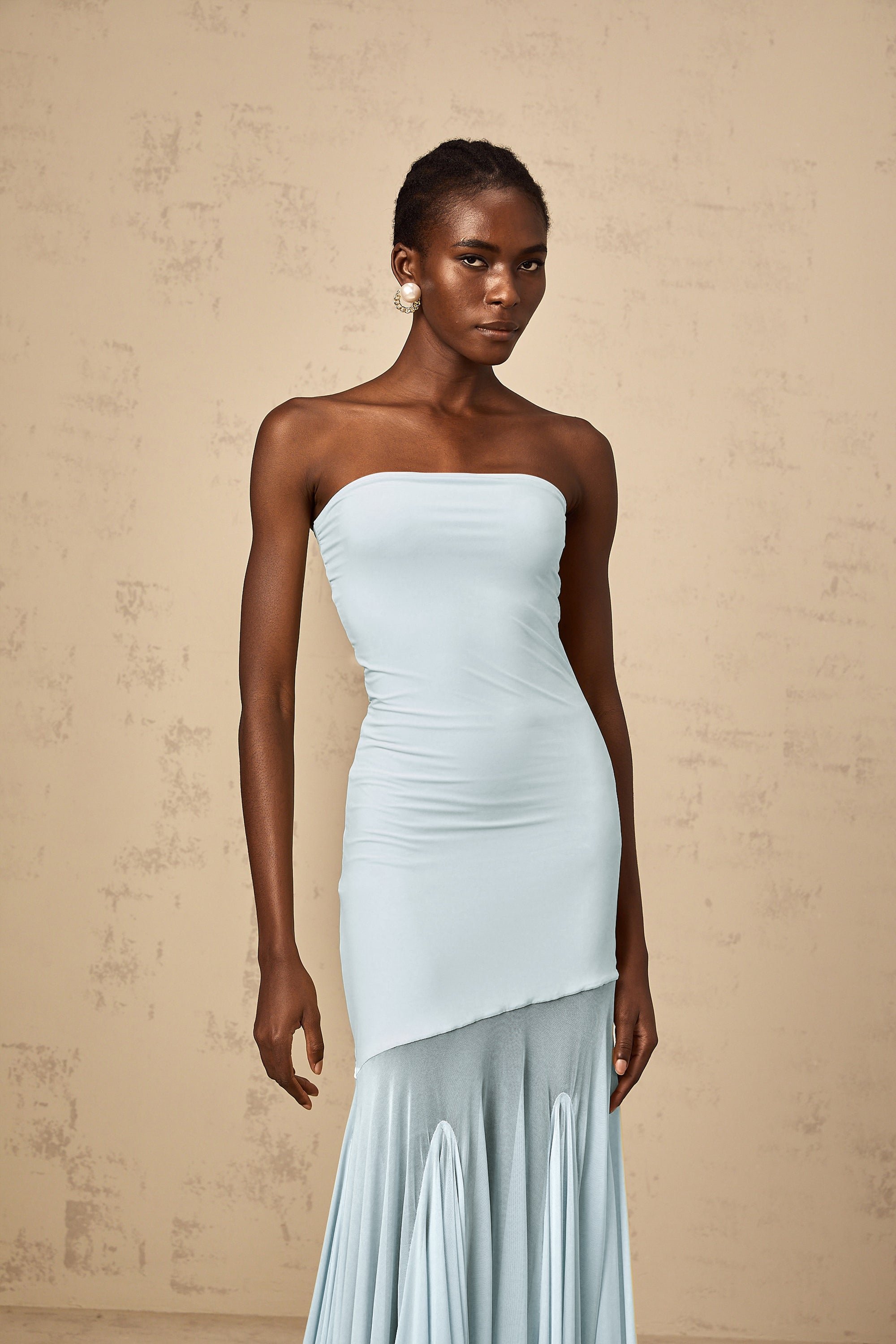 Josiane Blue Off-shoulder Sheer Tulle Maxi Dress