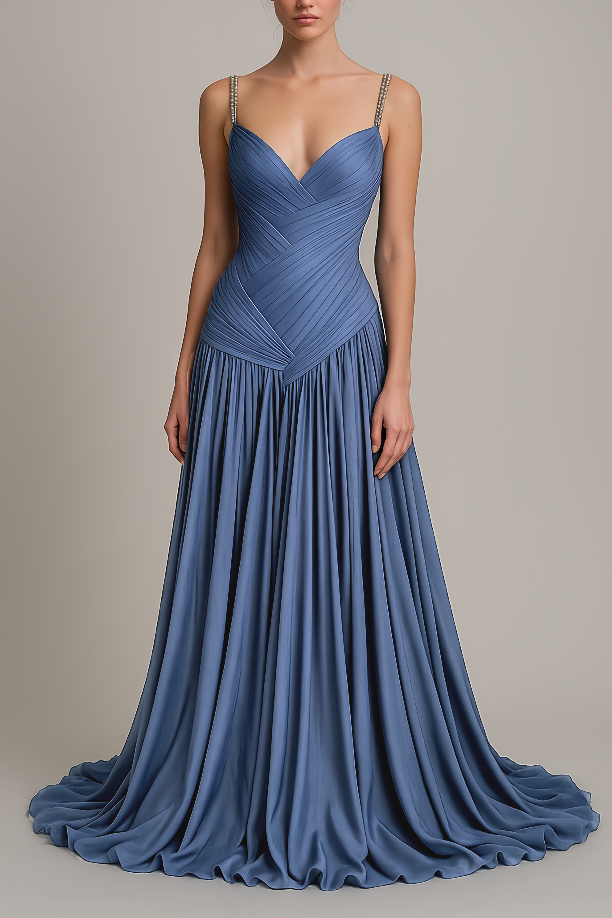 Angelína Blue Diagonal Pleated Gathered Maxi Gown (Final Sale-US Only)