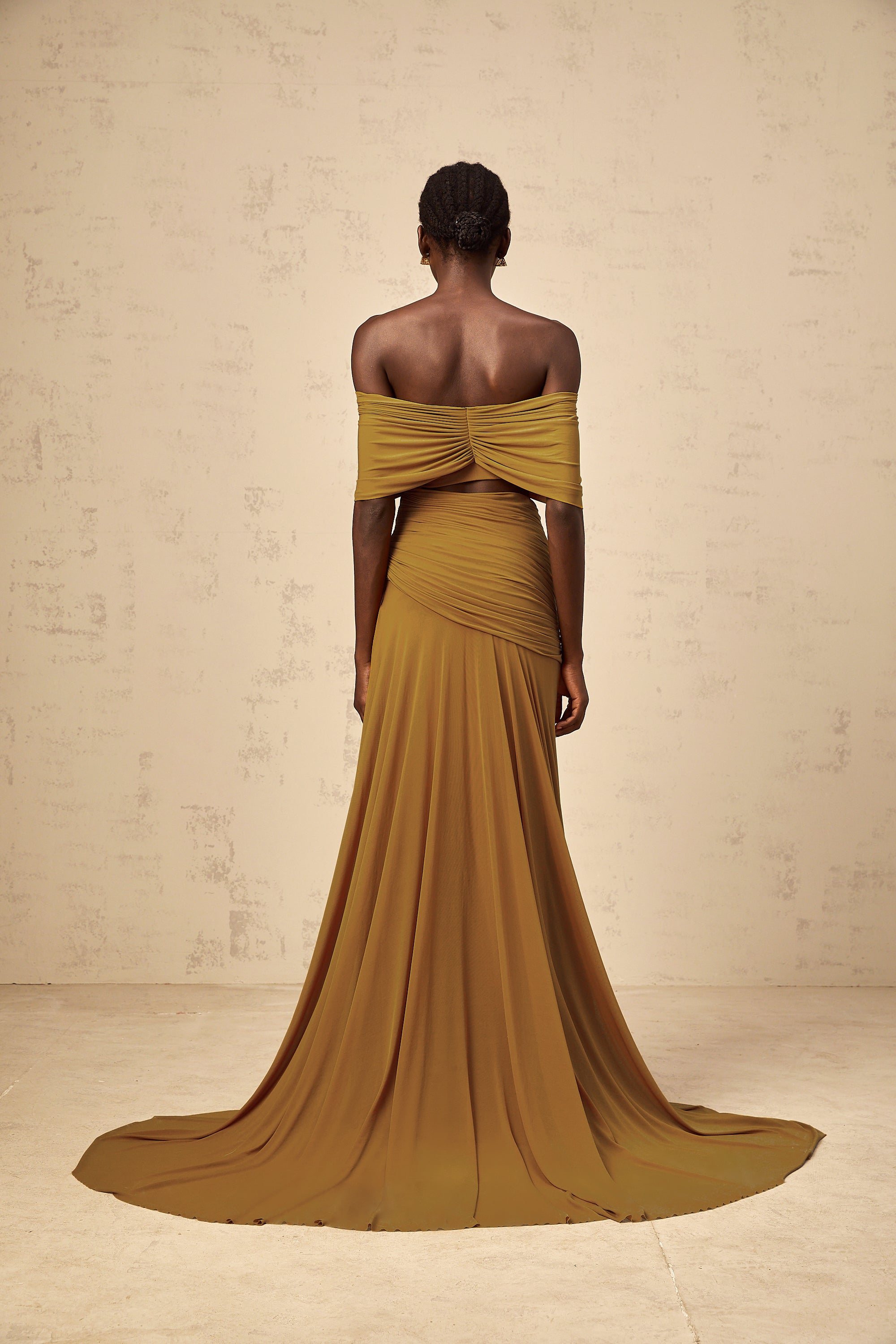 Ludivine ocher off-shoulder cut-out ruched maxi dress (Final Sale-US Only)