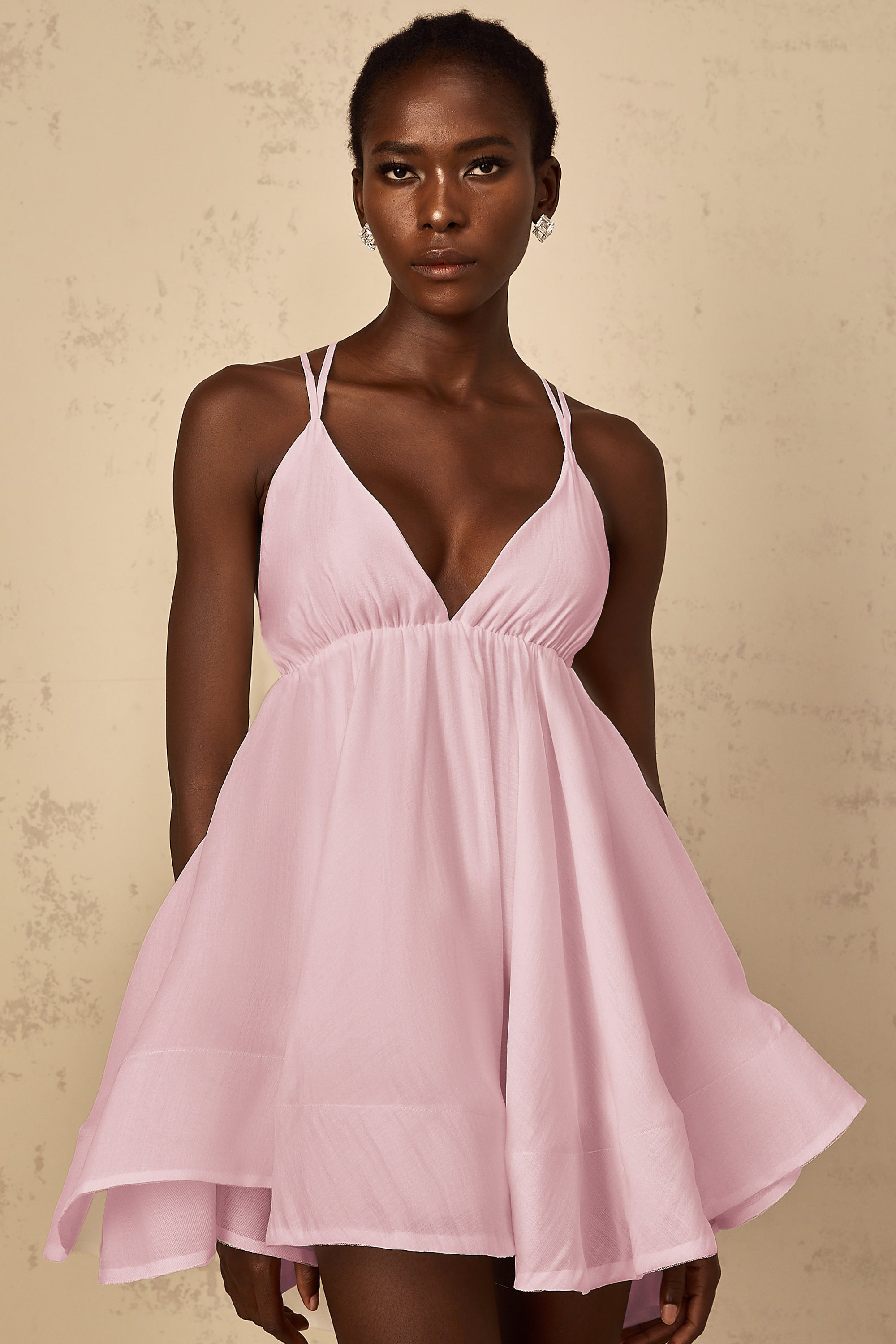 Quincie Pink Shirred Flounced Mini Dress
