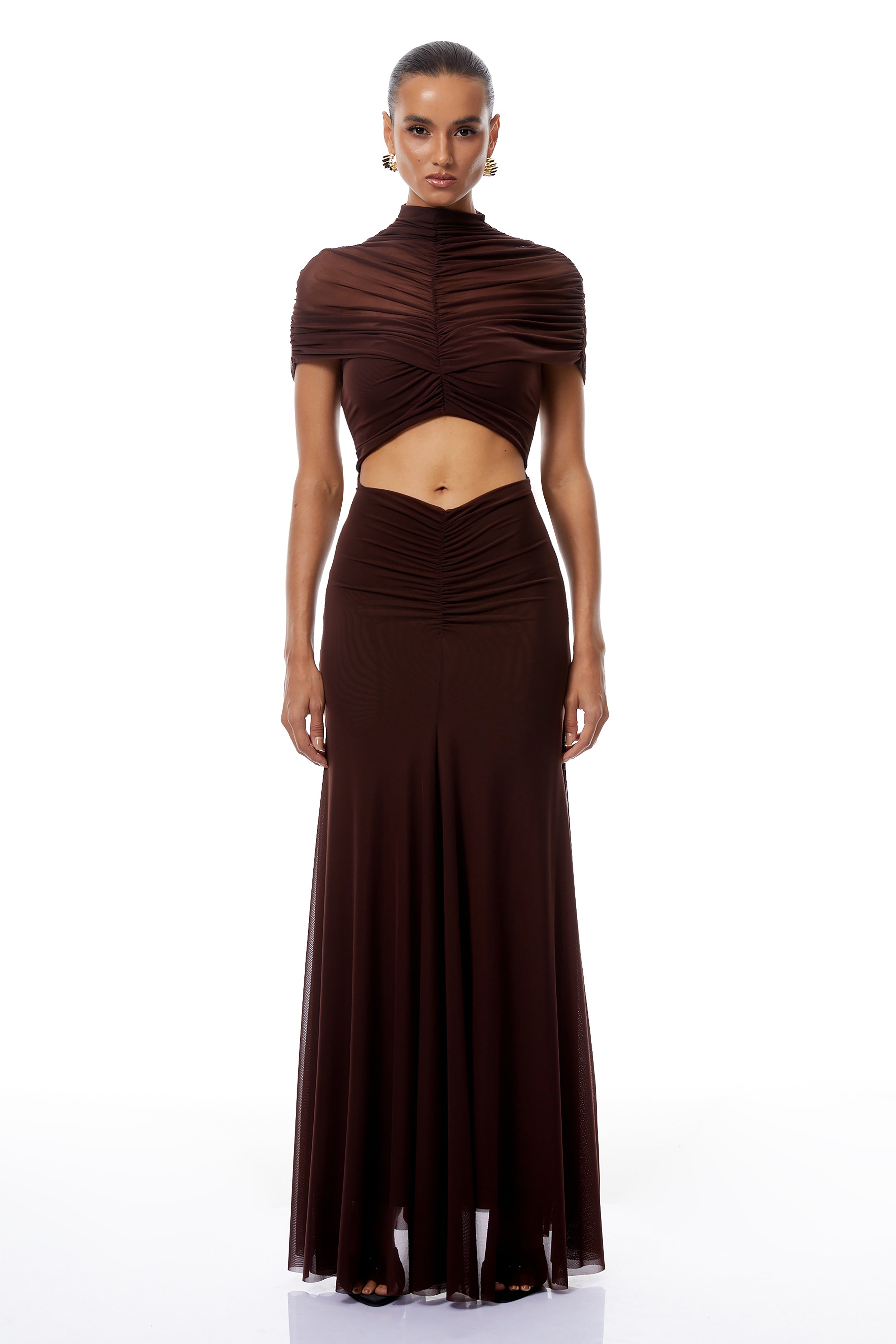 Bruna Cut-Out Ruched Mesh Maxi Dress