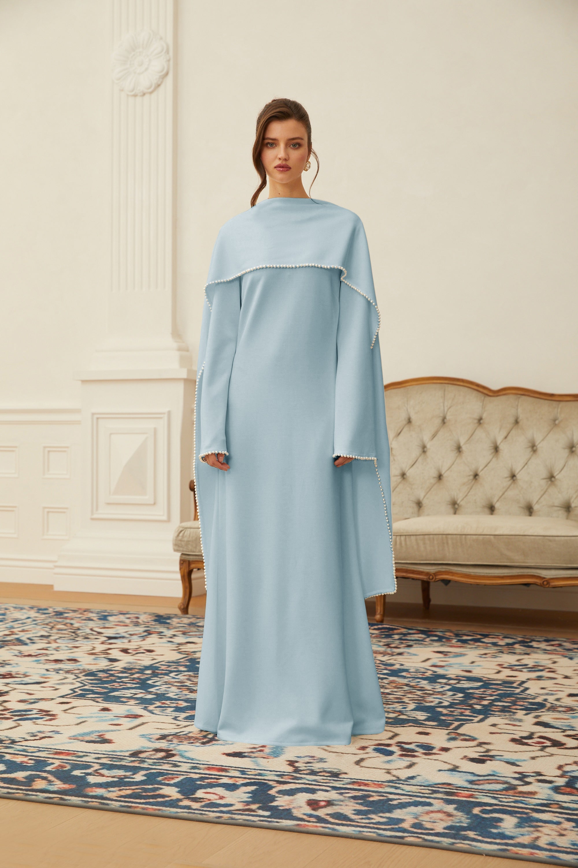 Piroska Blue Pearl Trim Shawl Detail Maxi Dress