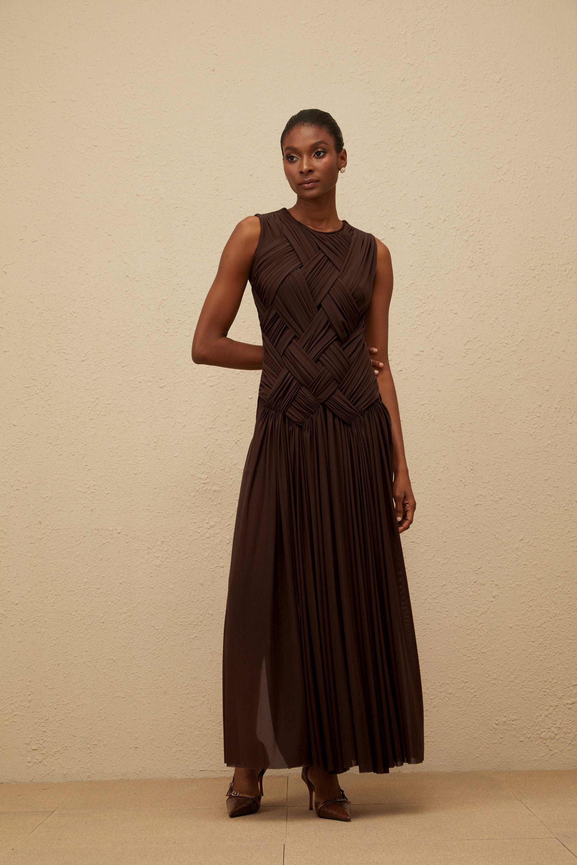 Daphné Brown Asymmetrical Braided Tulle Midi Dress