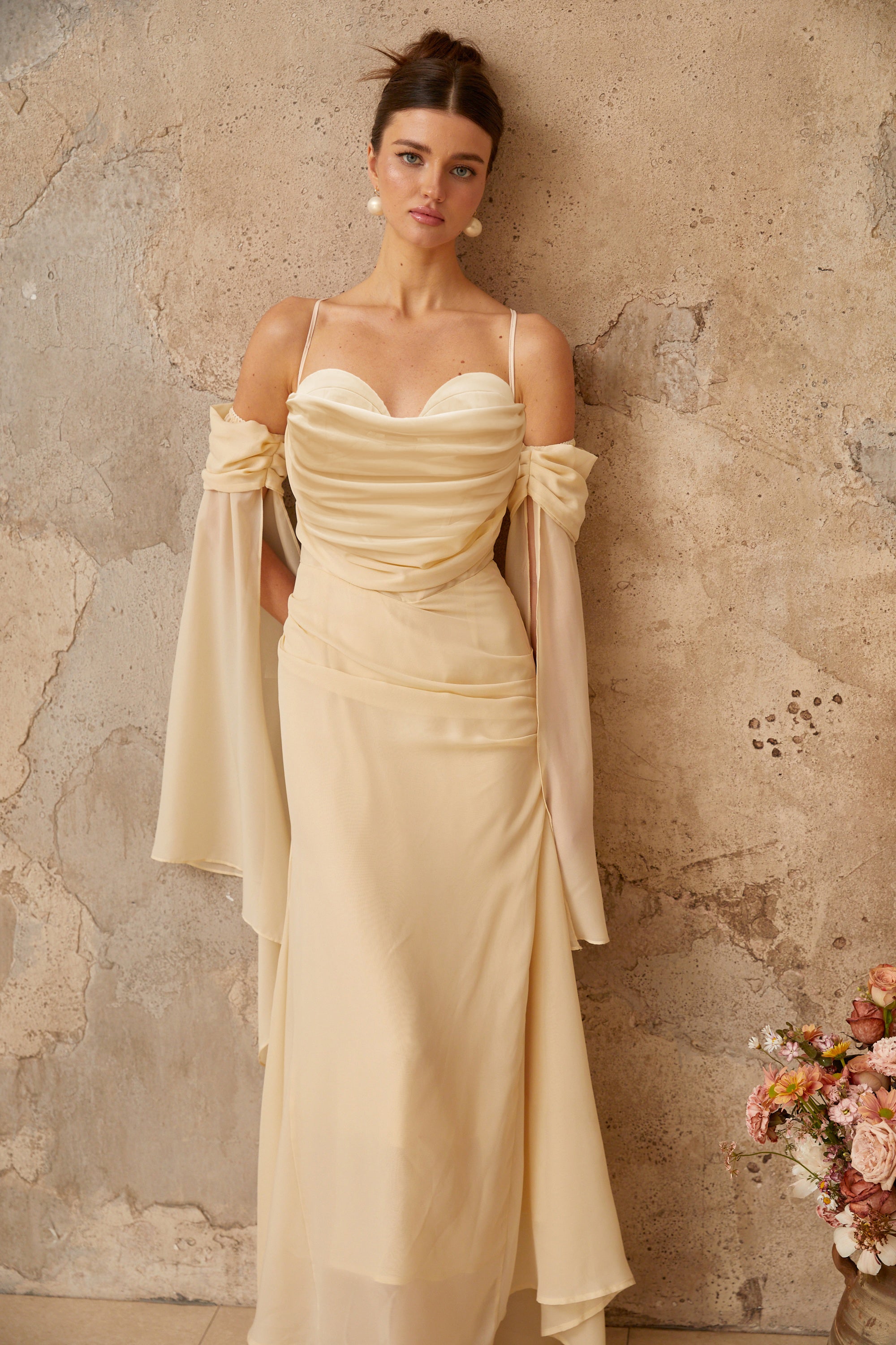 Mélusine Neutral Ruched Chiffon Maxi Dress