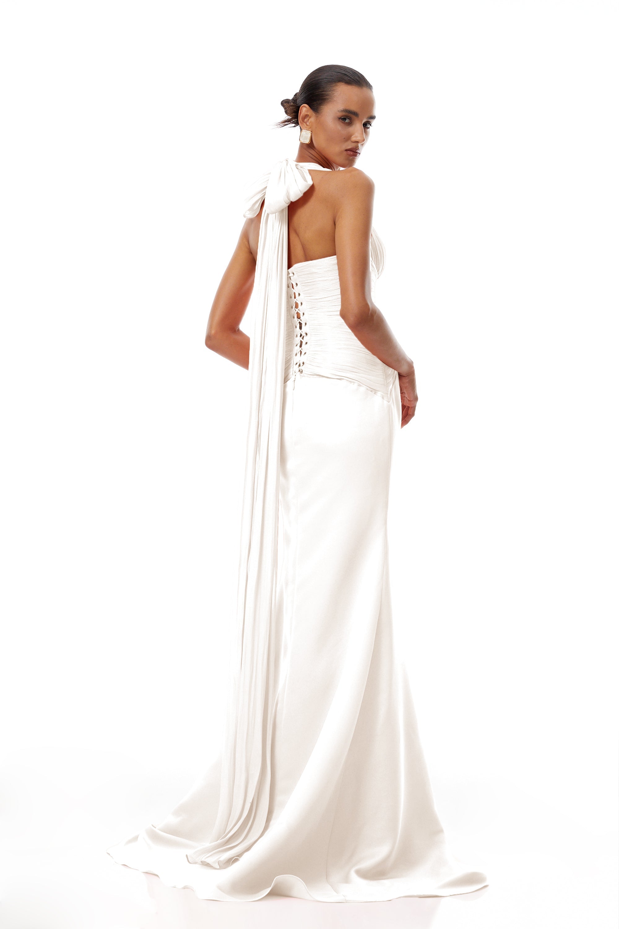 Emmeline White Train Design Gathered Maxi Dress