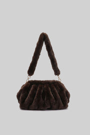 Faux Fur Shoulder Bag with Ruched Design – Brown