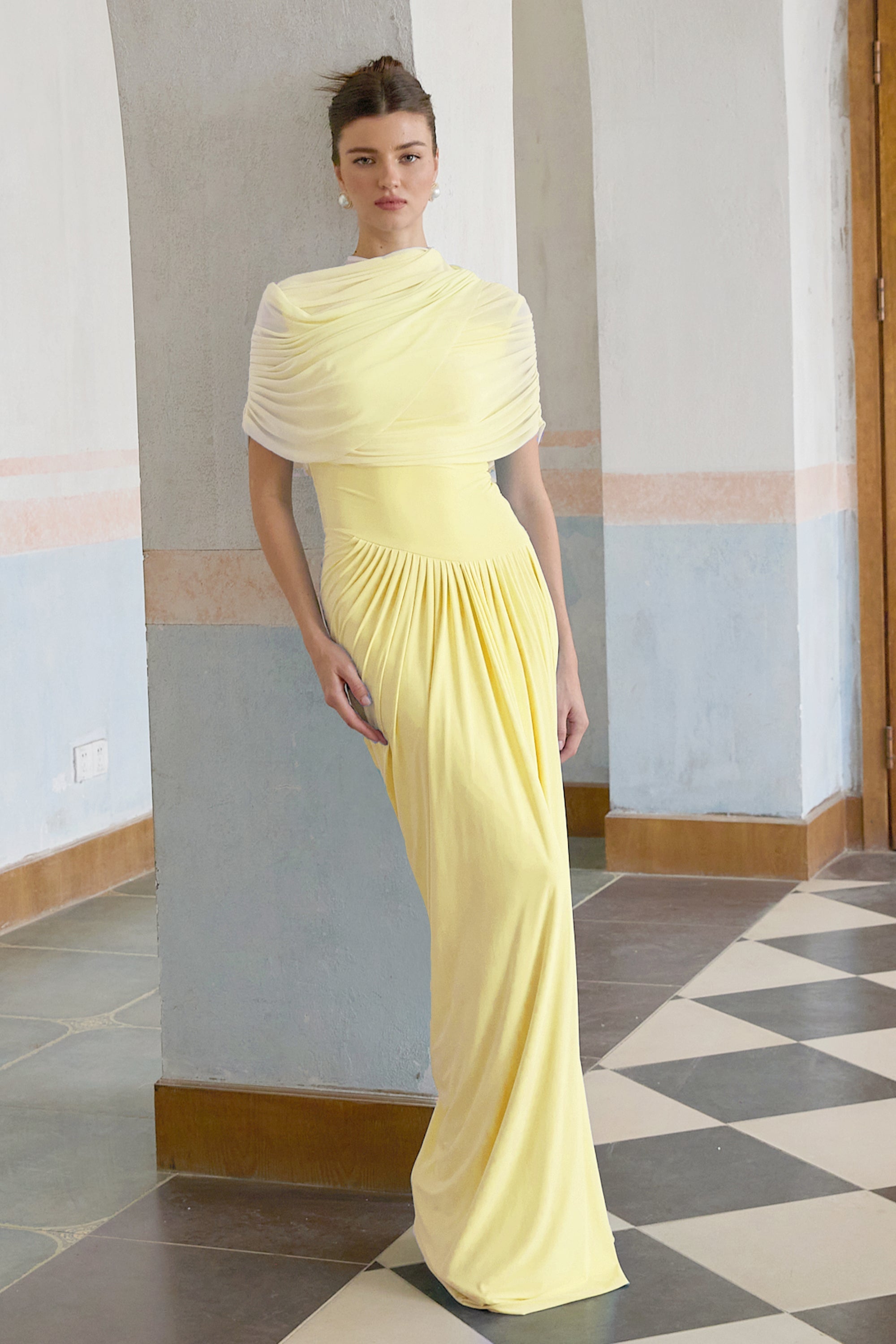 Catherine asymmetrical pleated maxi dress in Yellow