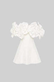 Off-Shoulder Mini Dress With Large Fabric Floral Accents - White