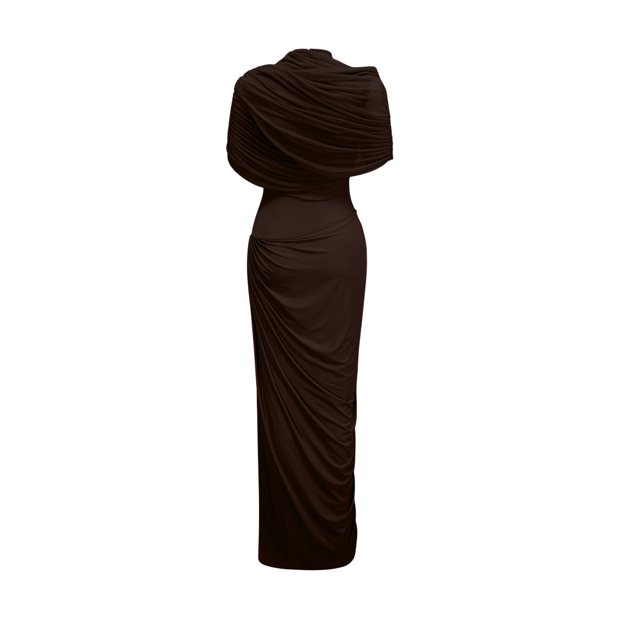 Catherine asymmetric pleated maxi dress in Brown