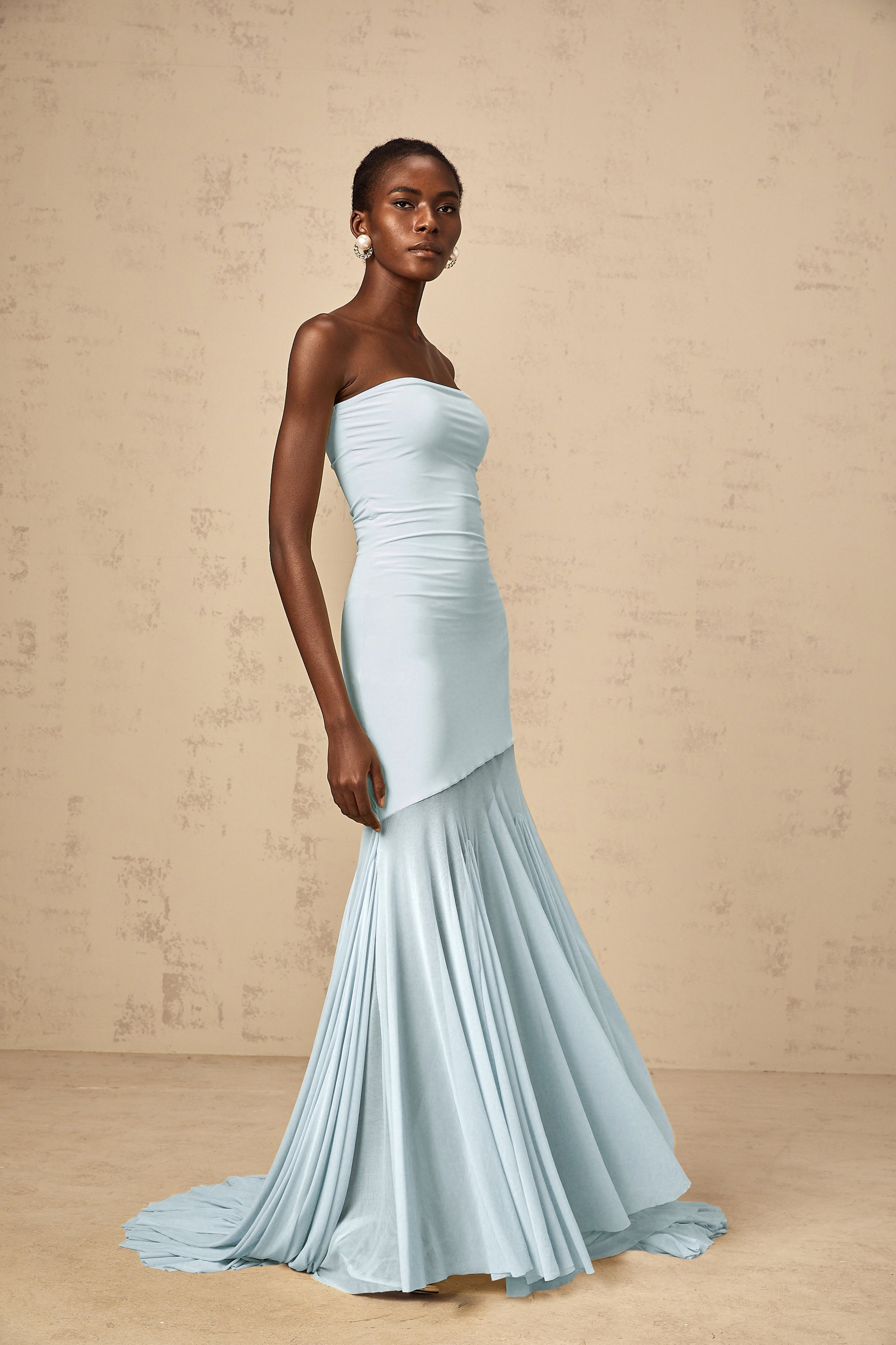 Josiane Blue Off-shoulder Sheer Tulle Maxi Dress