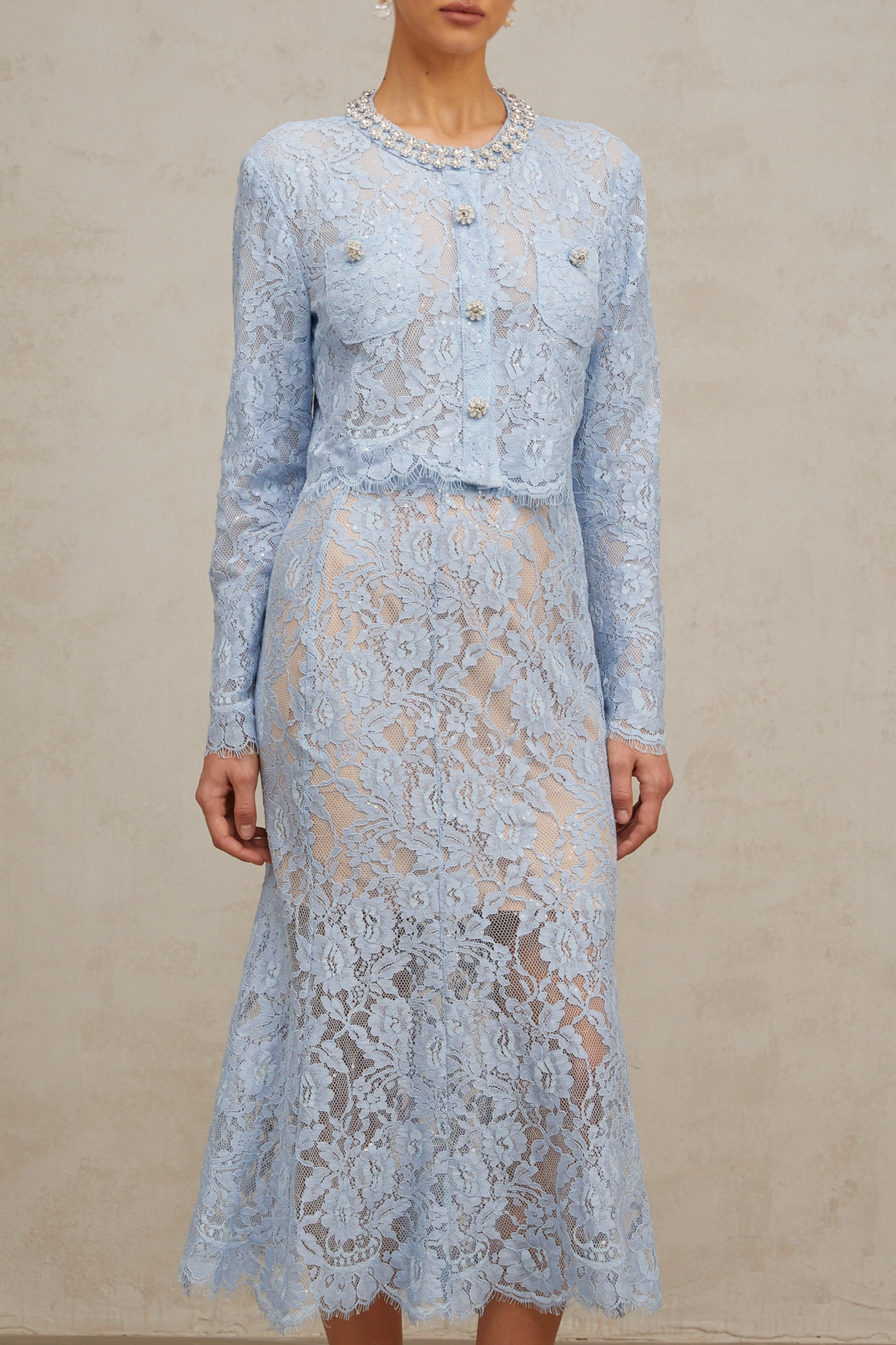 Ariane blue floral-lace top & skirt matching set (US Only)