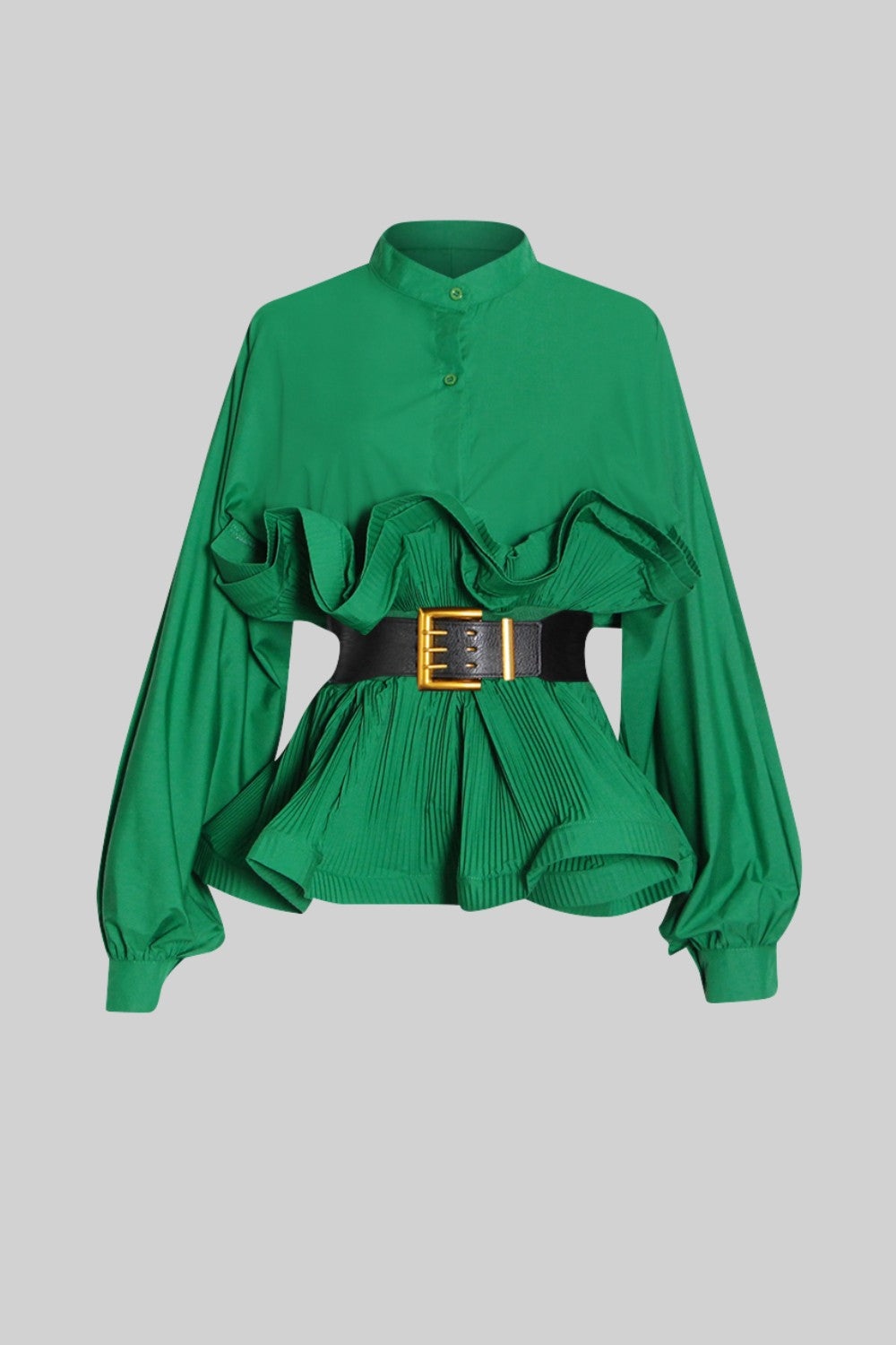 SERILDA Ruffle Shirt with Massive Belt - Forest Green