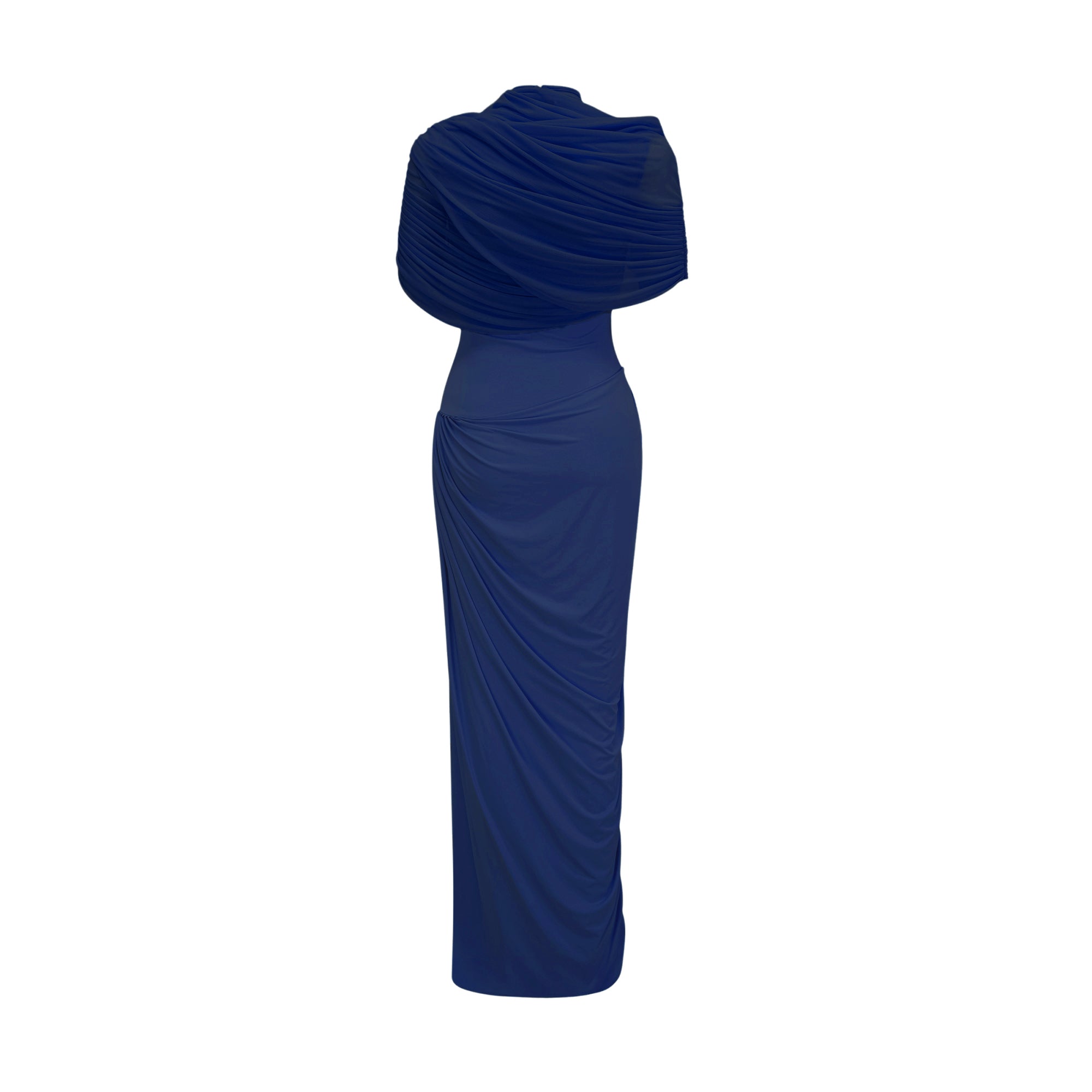 Catherine asymmetric pleated maxi dress in Navy-blue