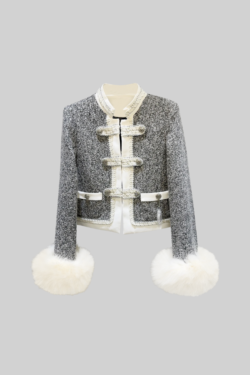 MARIANA Faux Fur Blazer with Military Details - Gray