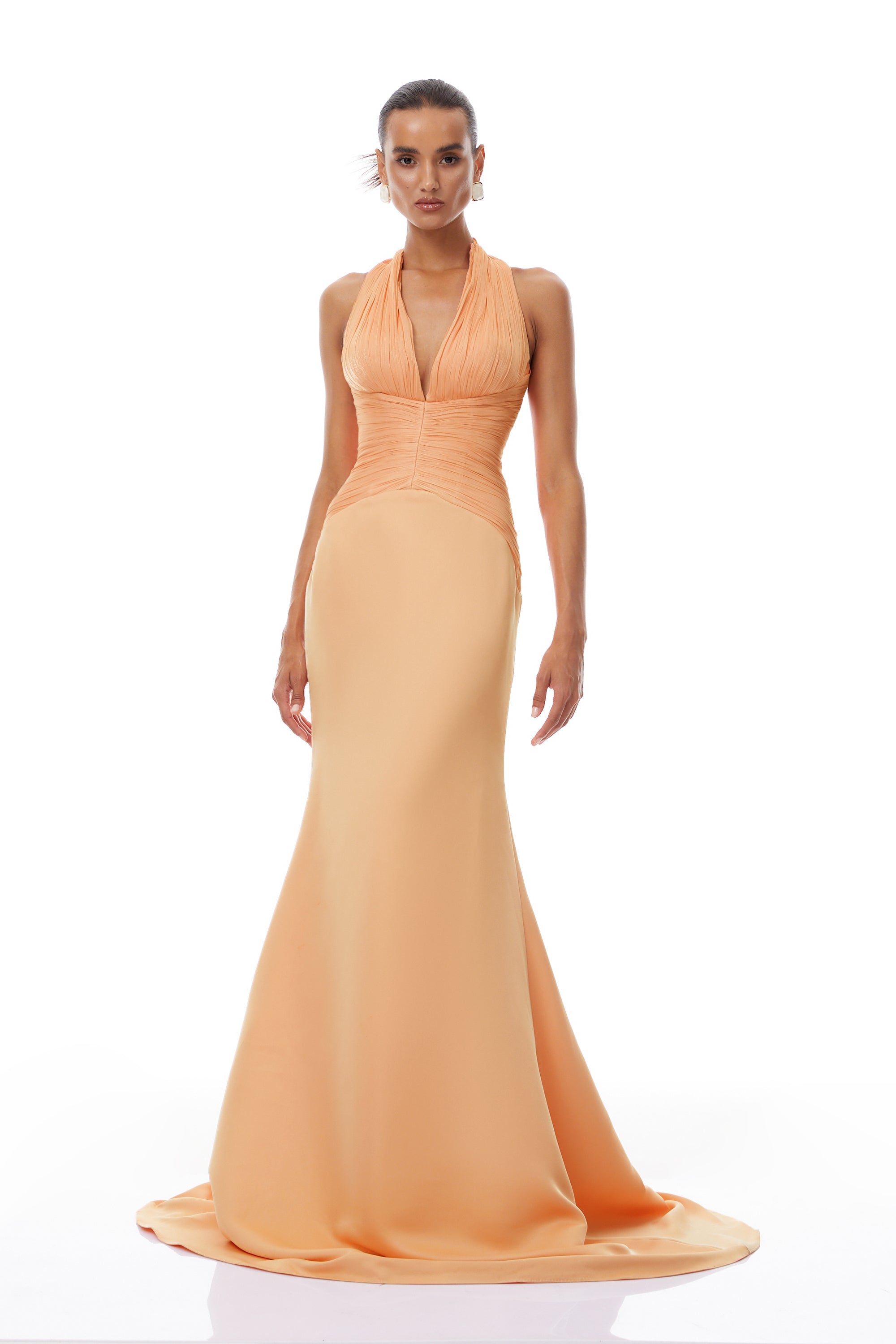 Emmeline Orange Train Design Gathered Maxi Dress