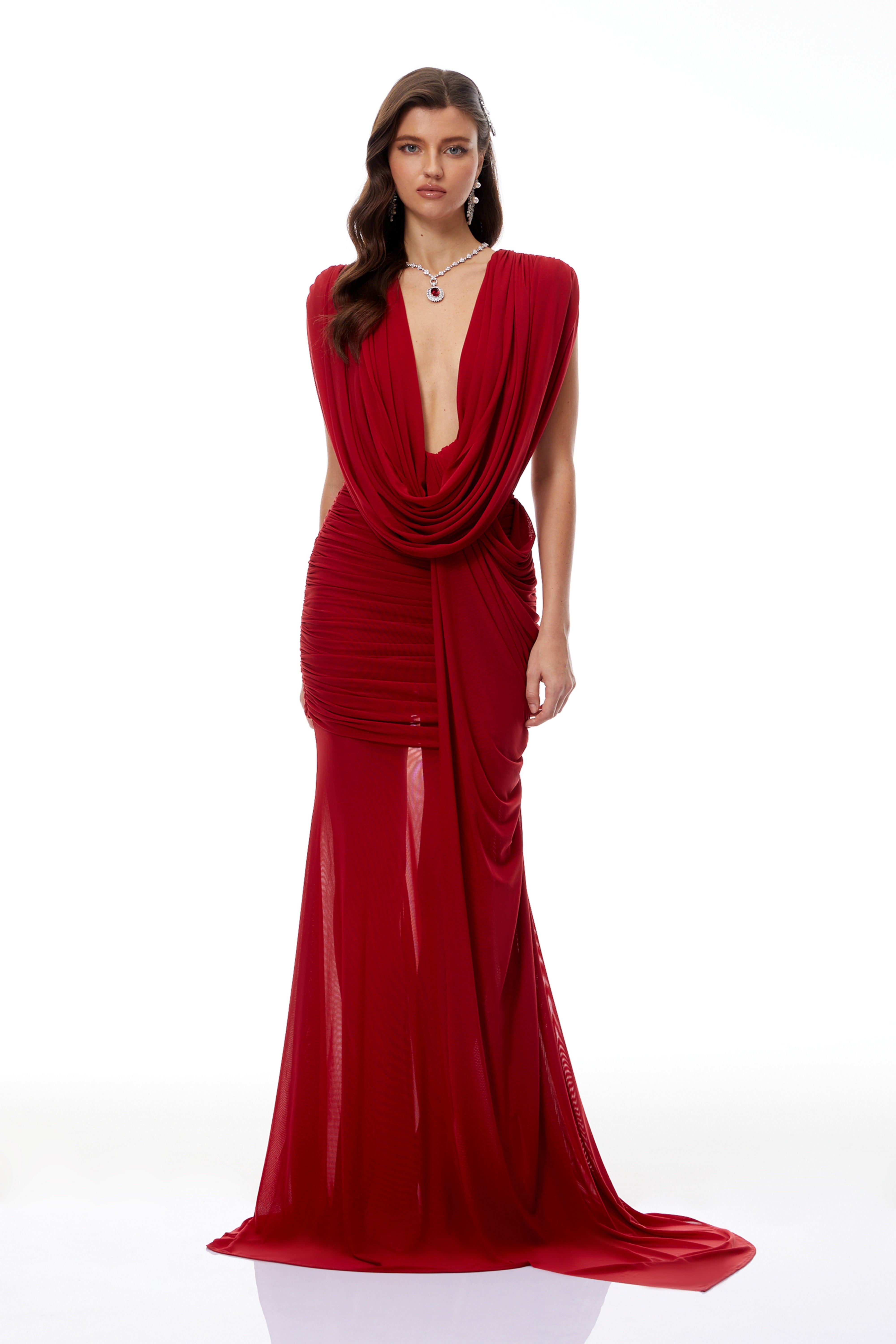 Fíona Red Asymmetrical Draped Maxi Gown (Final Sale-US Only)